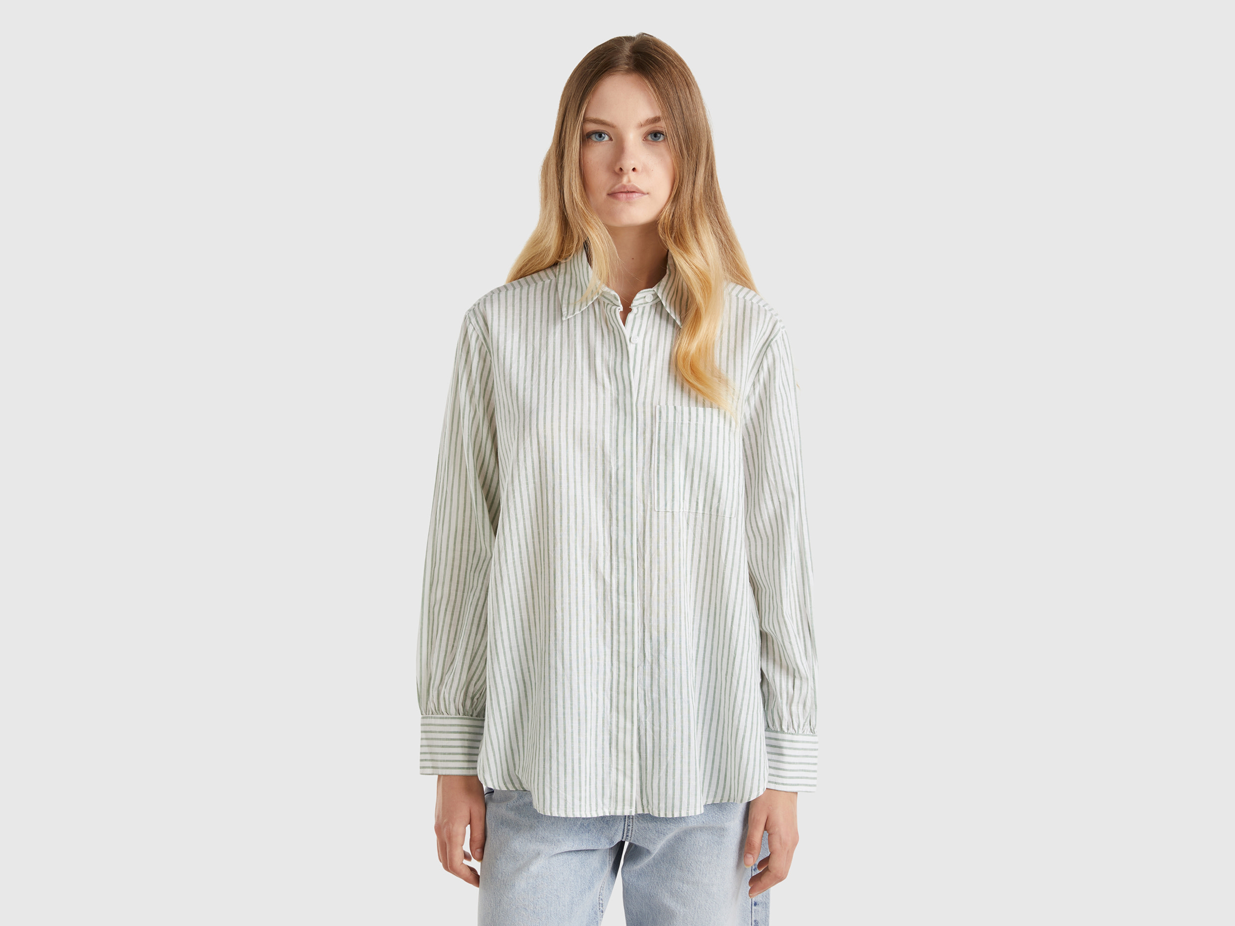 Benetton, Camicia A Righe In Misto Lino, Verde, Donna