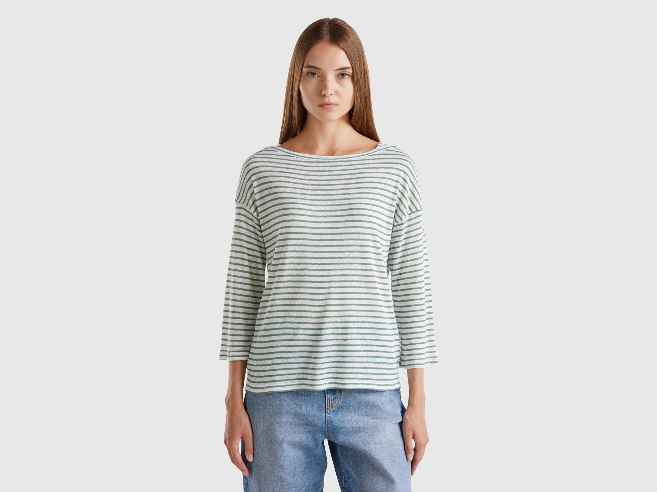 Benetton, T-shirt A Righe Con Manica A 3/4, Verde, Donna