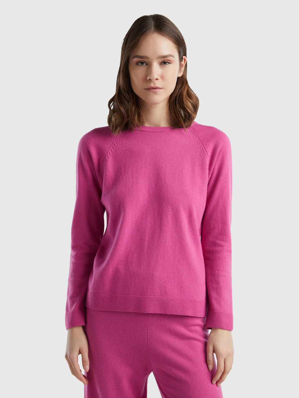 Benetton, Pink Crew Neck Sweater In Cashmere And Wool Blend, Pink, Women