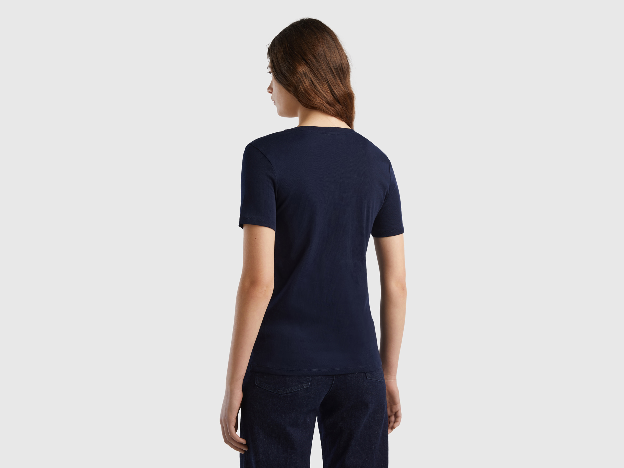 Benetton, Μπλουζάκι Από Αγνό Βαμβακερό Με V Λαιμόκοψη, size S, Σκουρο Μπλε, Γυναικεία φωτογραφία