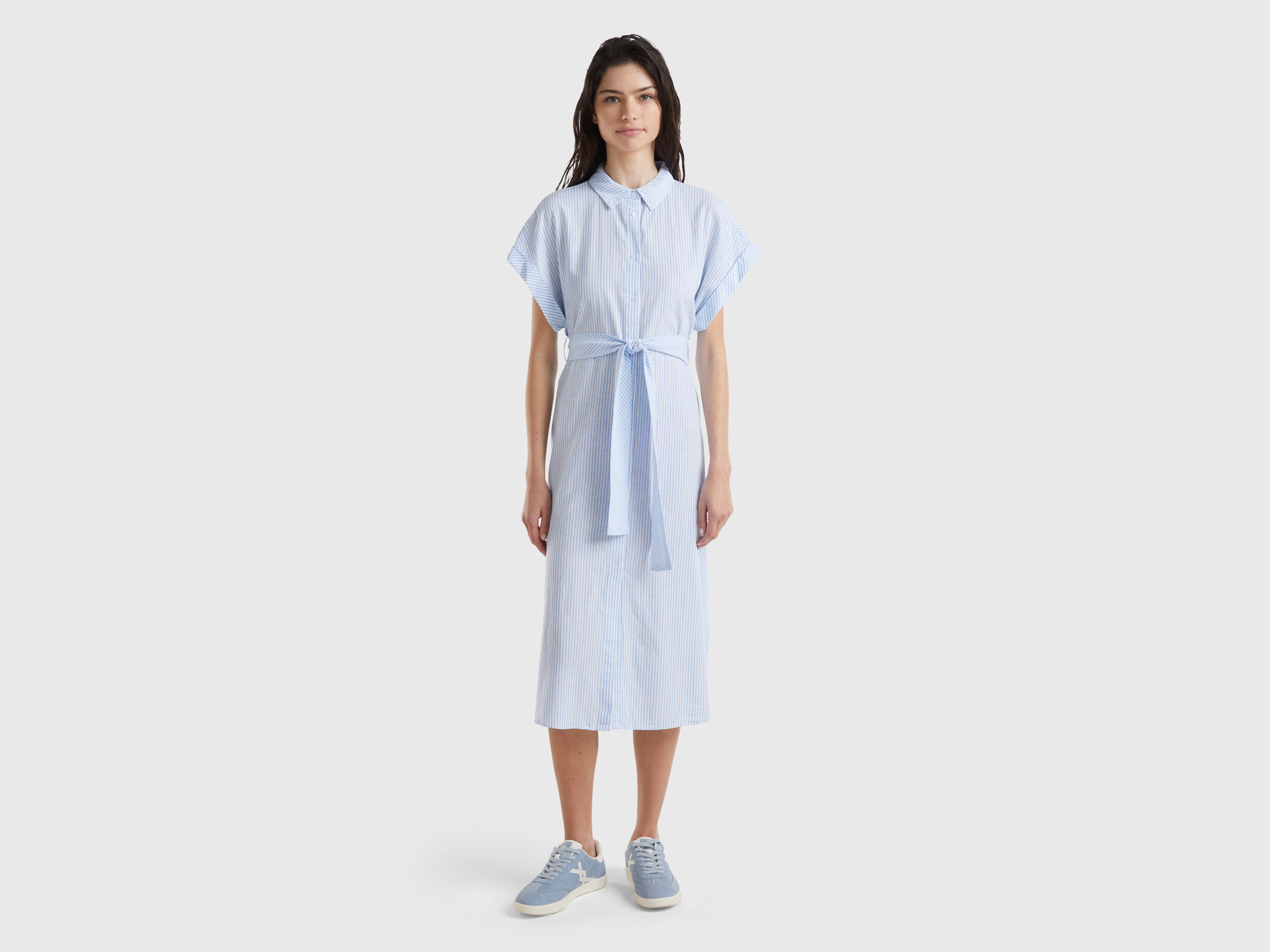 Benetton, Chemisier Midi A Righe, Azzurro, Donna