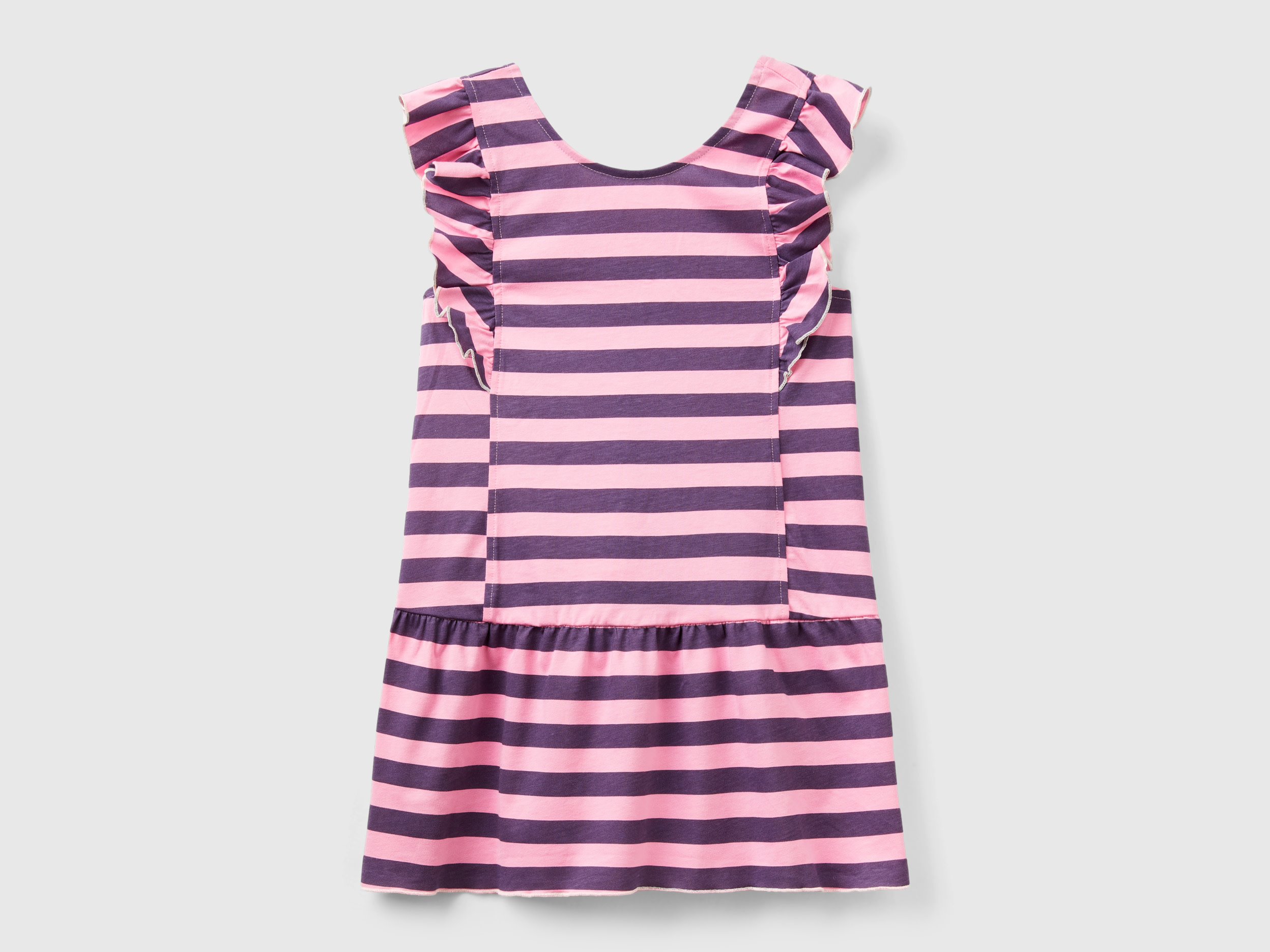 Benetton, Abito A Righe Con Volant, Rosa, Bambini