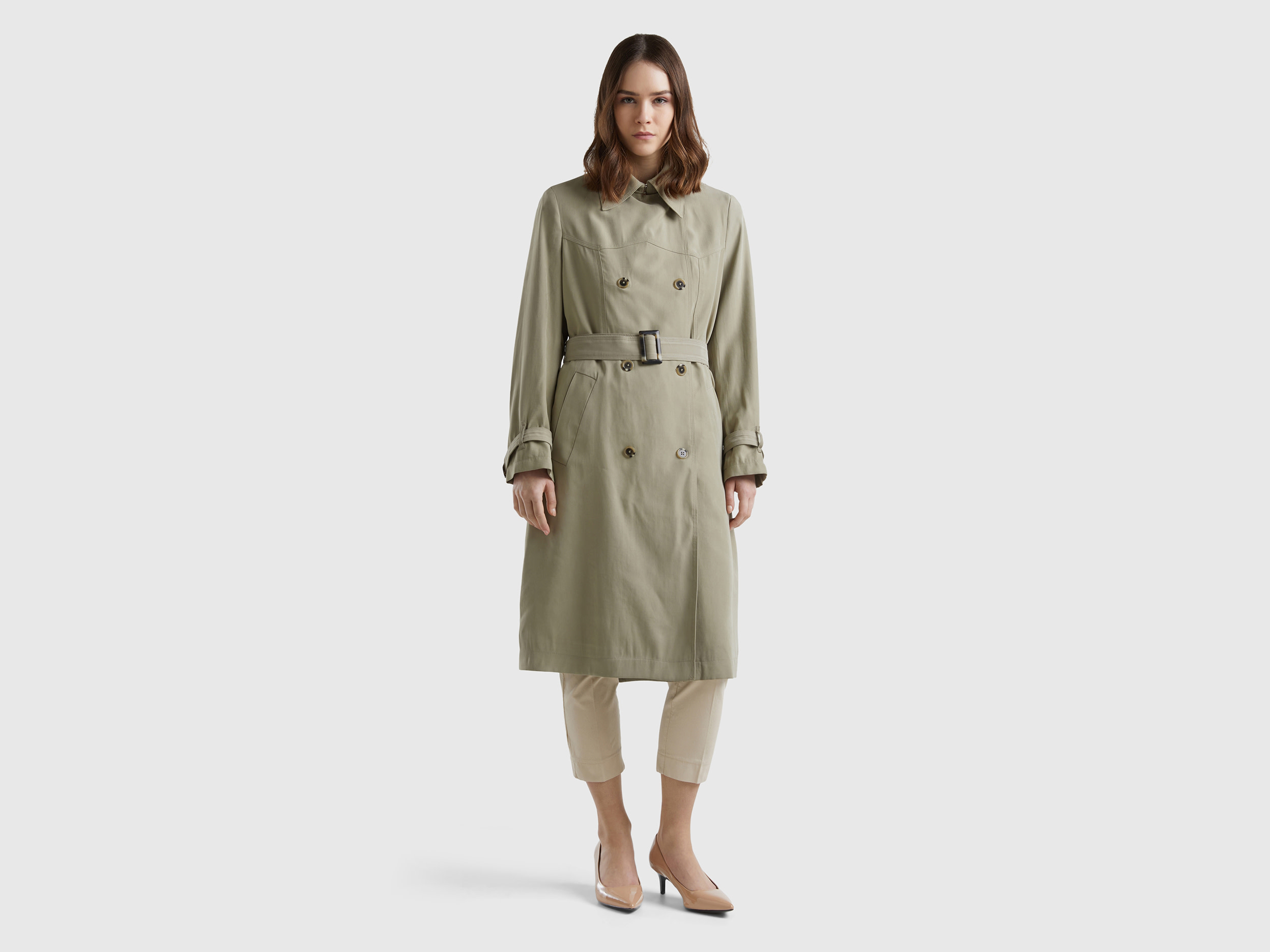 Benetton, Trench Midi Doppiopetto, Verde Chiaro, Donna