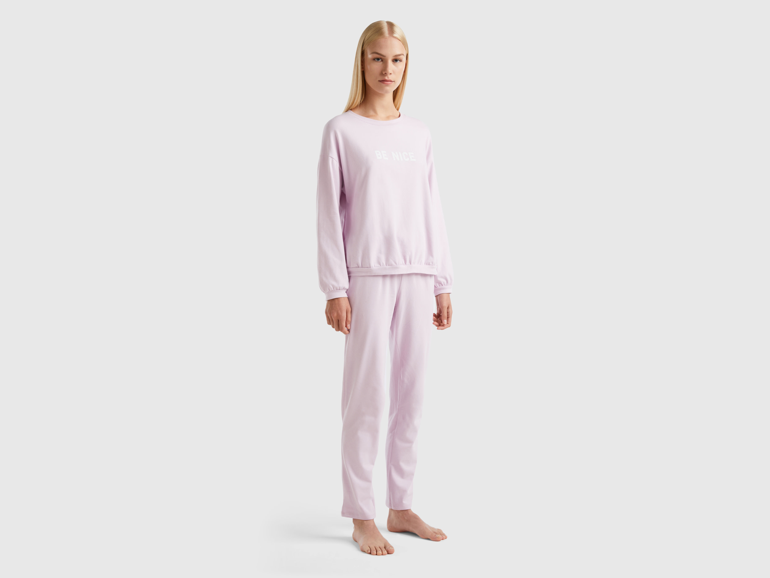 Benetton, Long Pyjamas In Warm Jersey, size S, Soft Pink, Women