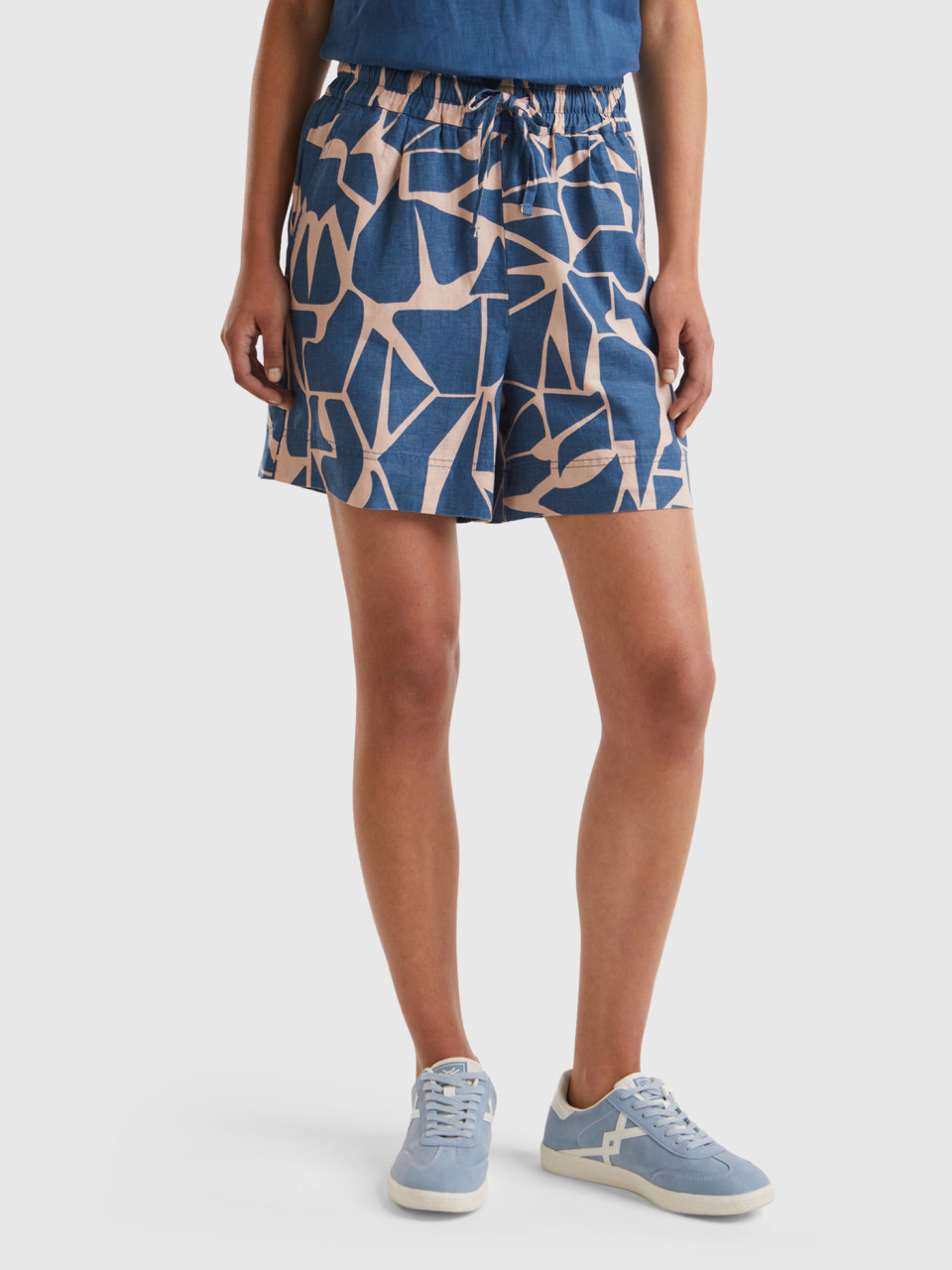 Benetton, Printed Linen Shorts, Air Force Blue, Women