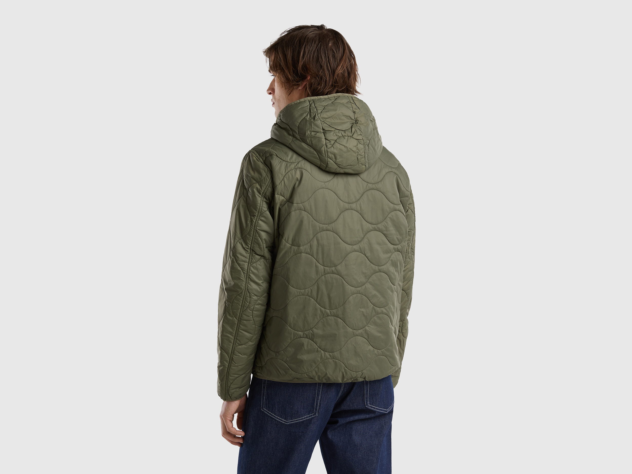 Benetton, Puffer Jacket With Recycled Wadding, Taglia Xxl, Military Green, Men