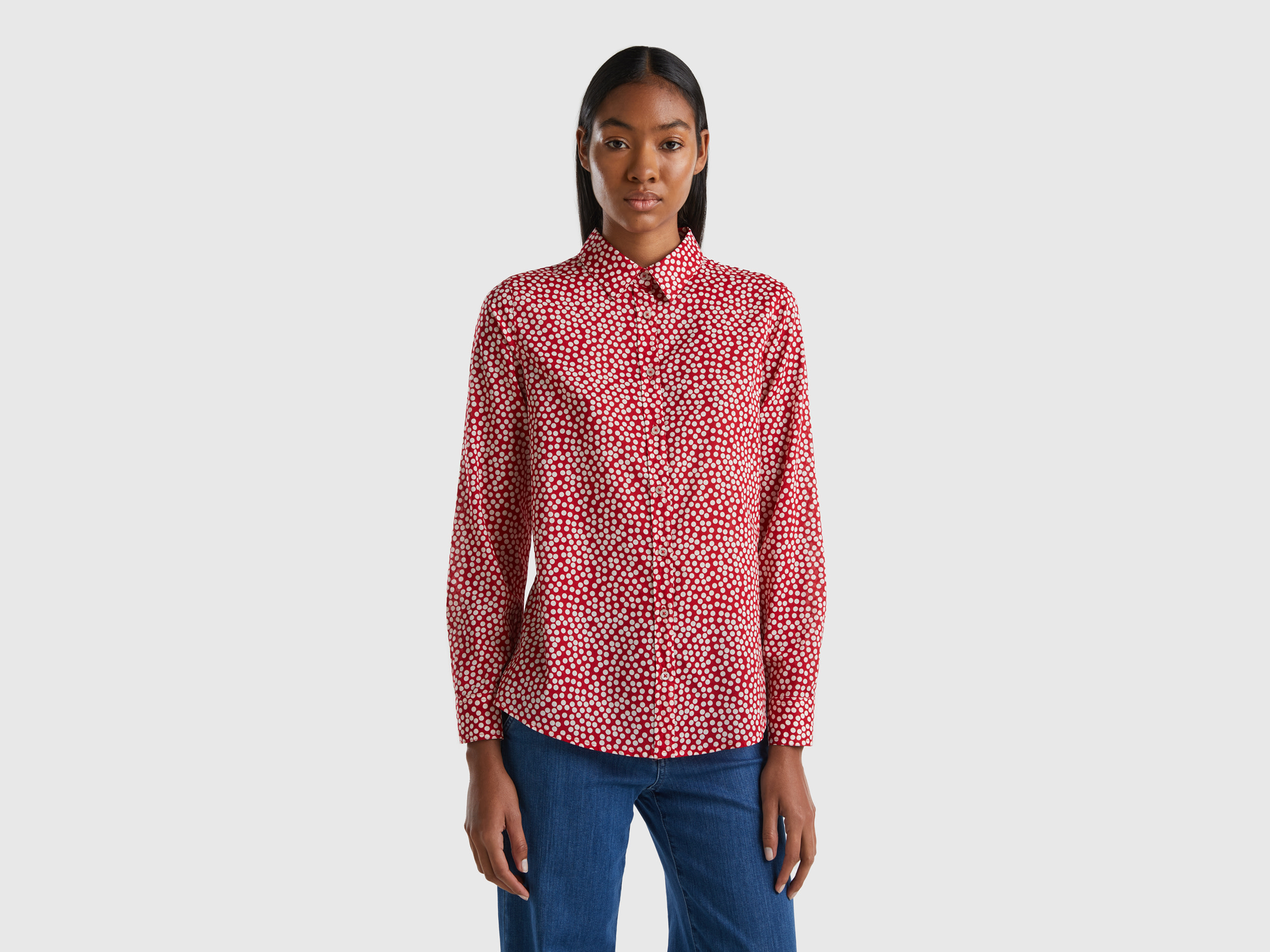 Benetton, Red Shirt With White Polka Dots, size XS, Red, Women