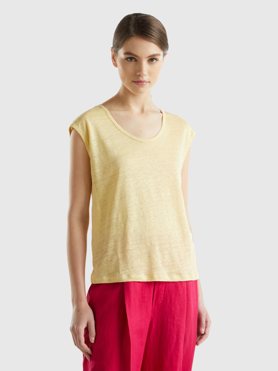 Benetton, Wide Neck T-shirt In Pure Linen, Yellow, Women