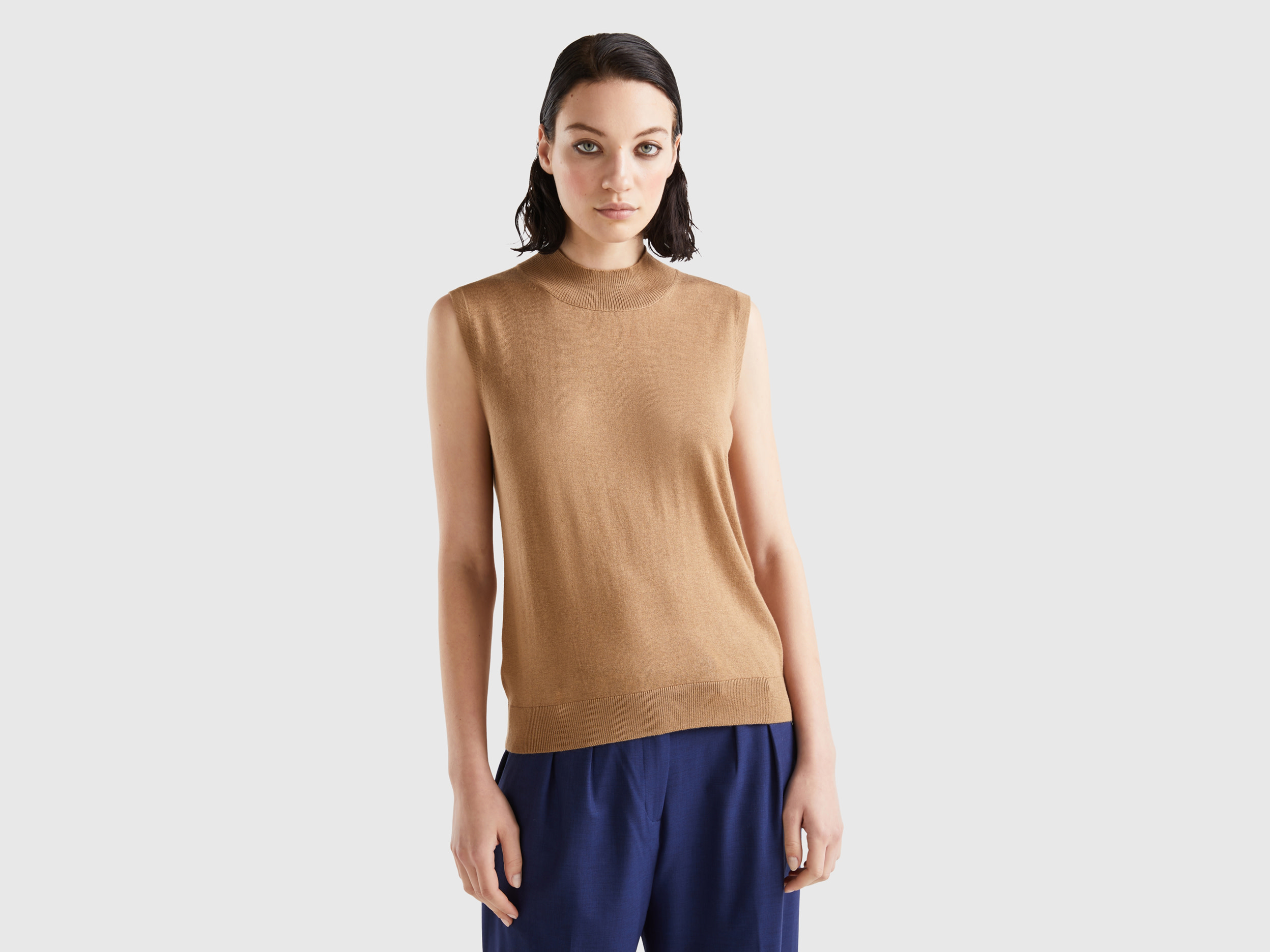 Benetton, Sleeveless Sweater In Viscose Blend, size XS, Camel, Women