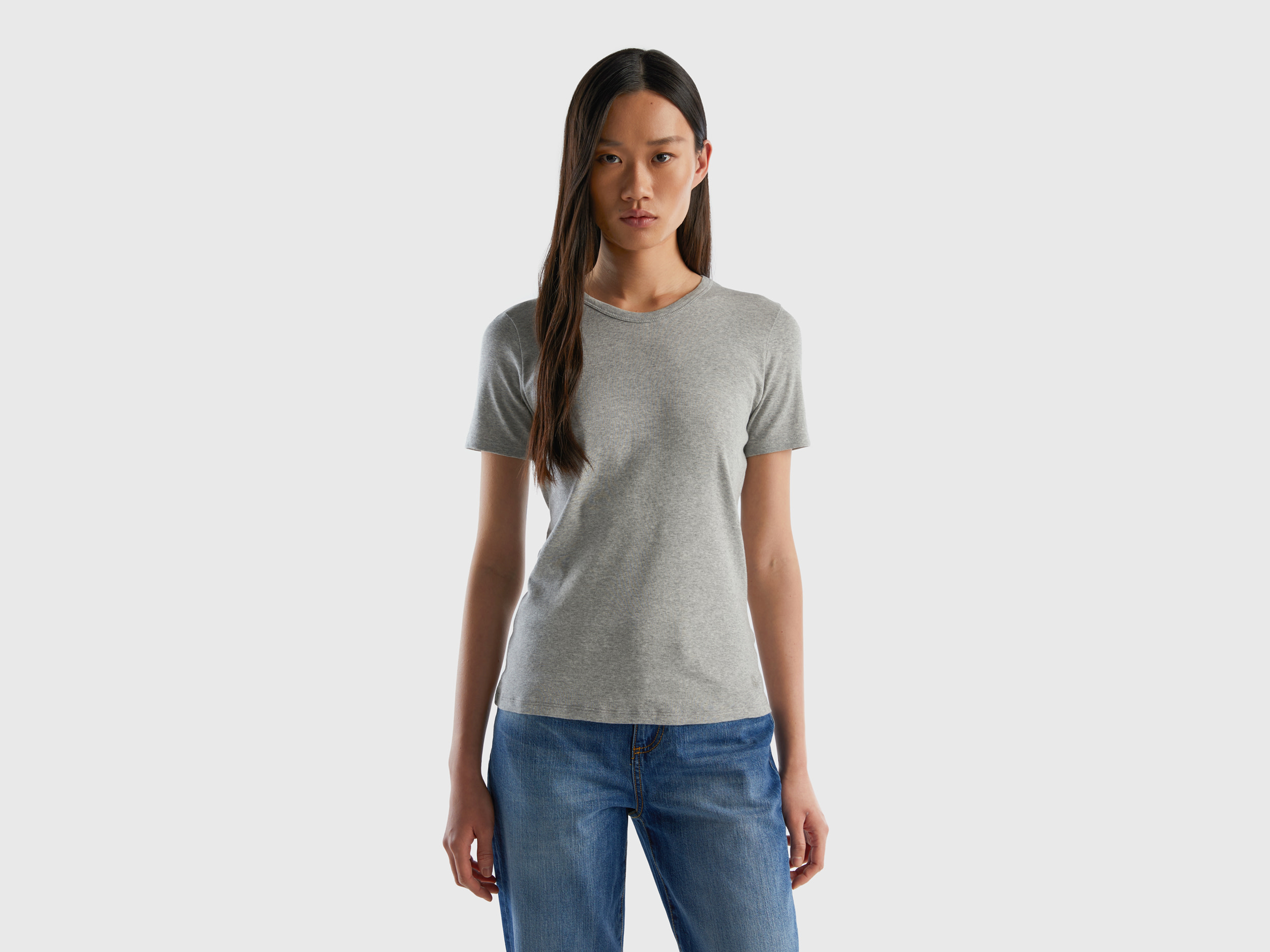 Benetton, T-shirt Aus Langfaseriger Baumwolle, größe S, Hellgrau, female