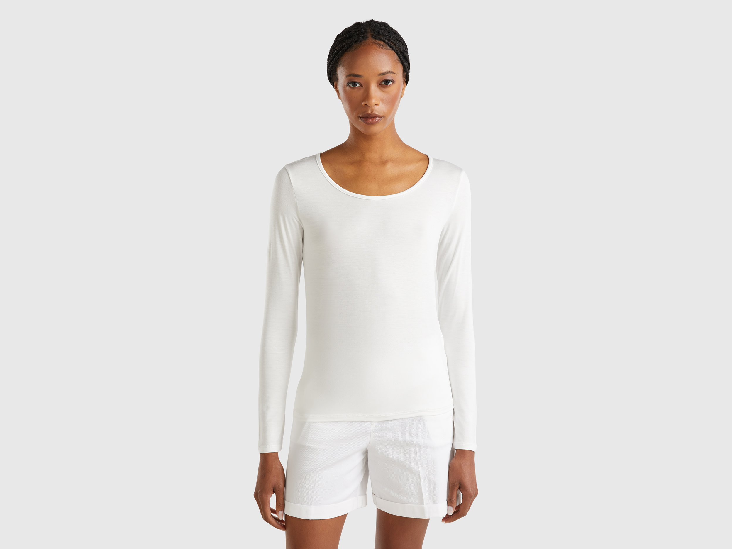 Benetton, Maglietta In Viscosa Sostenibile Stretch, Bianco Panna, Donna