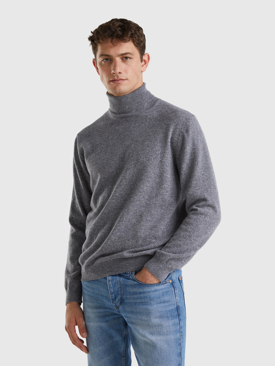 Benetton, Dark Gray Turtleneck In Pure Merino Wool, Dark Gray, Men