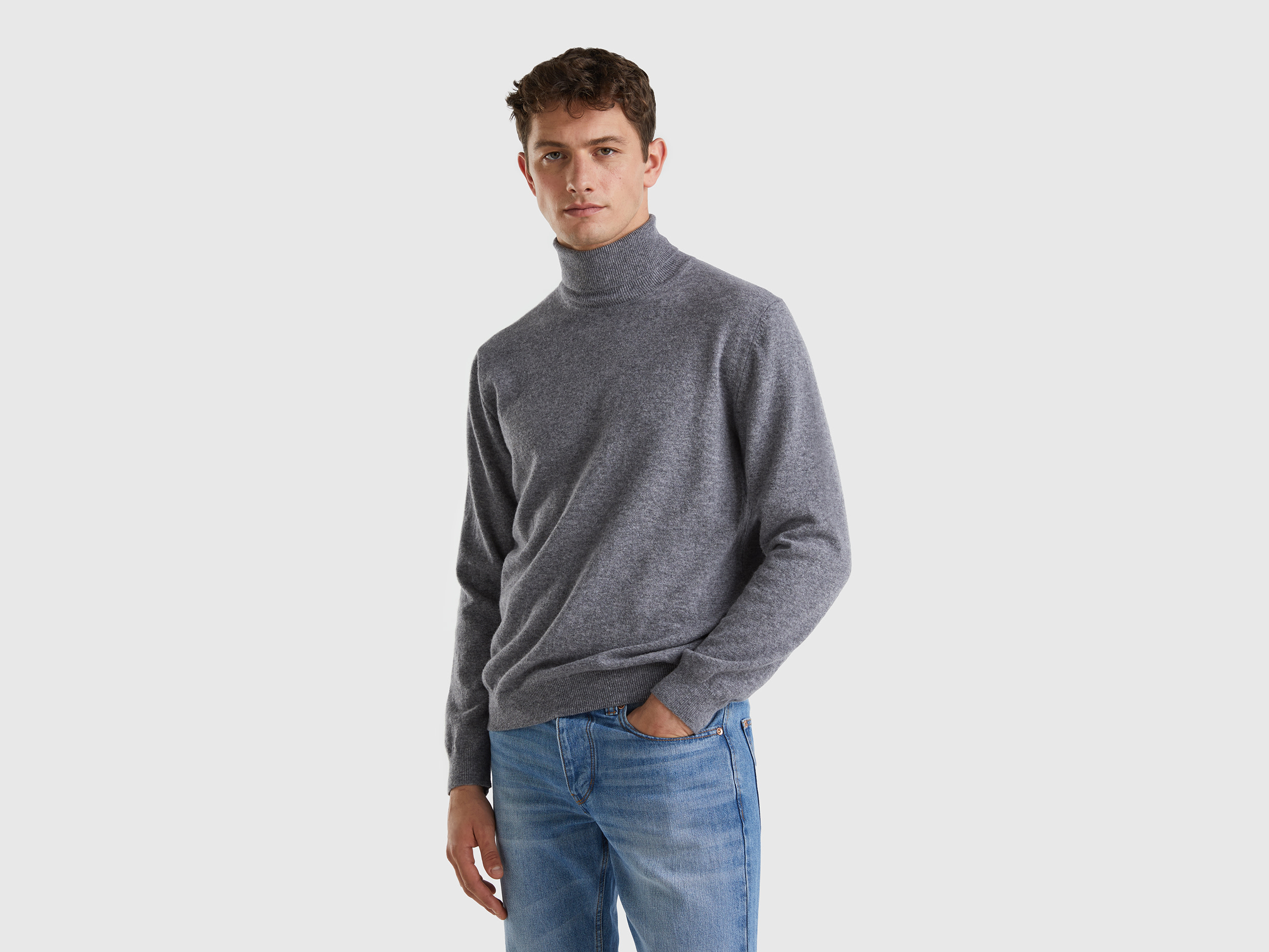 Benetton, Dark Gray Turtleneck In Pure Merino Wool, size L, Dark Gray, Men