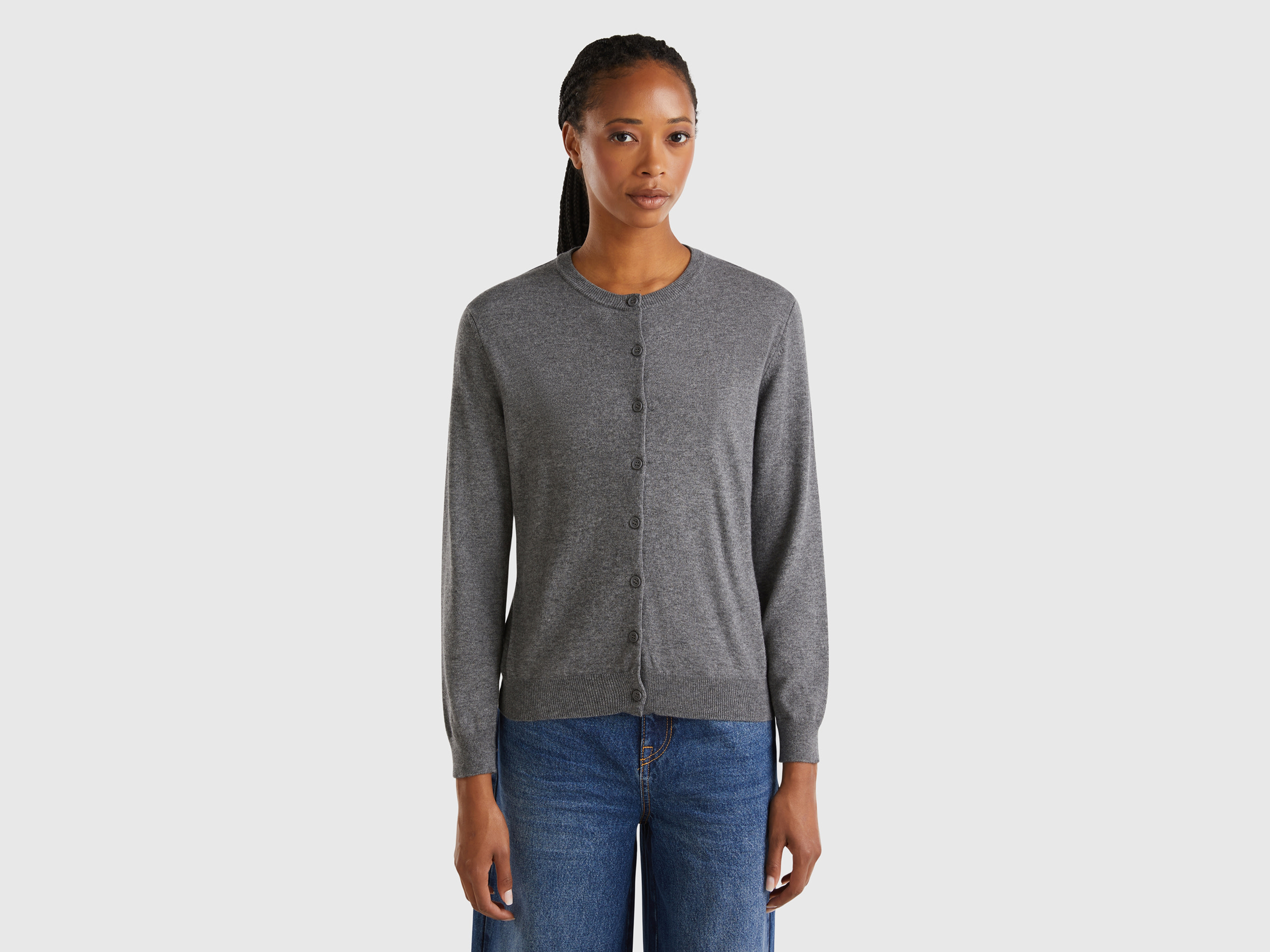 Benetton, Cardigan Grigio Scuro In Misto Lana E Cashmere, Grigio Scuro, Donna
