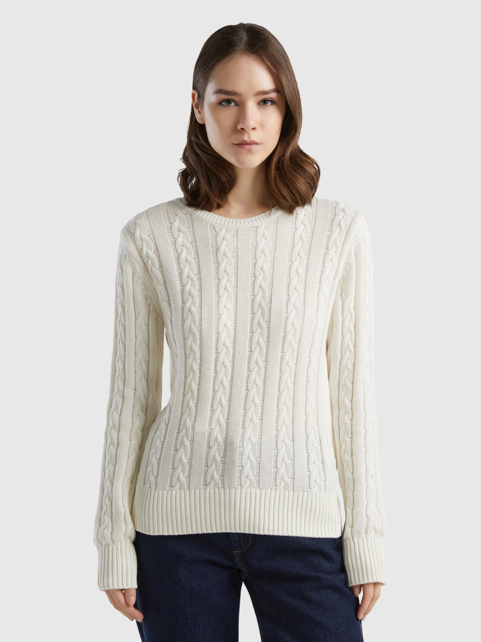 Benetton, Cable Knit Sweater 100% Cotton, Creamy White, Women