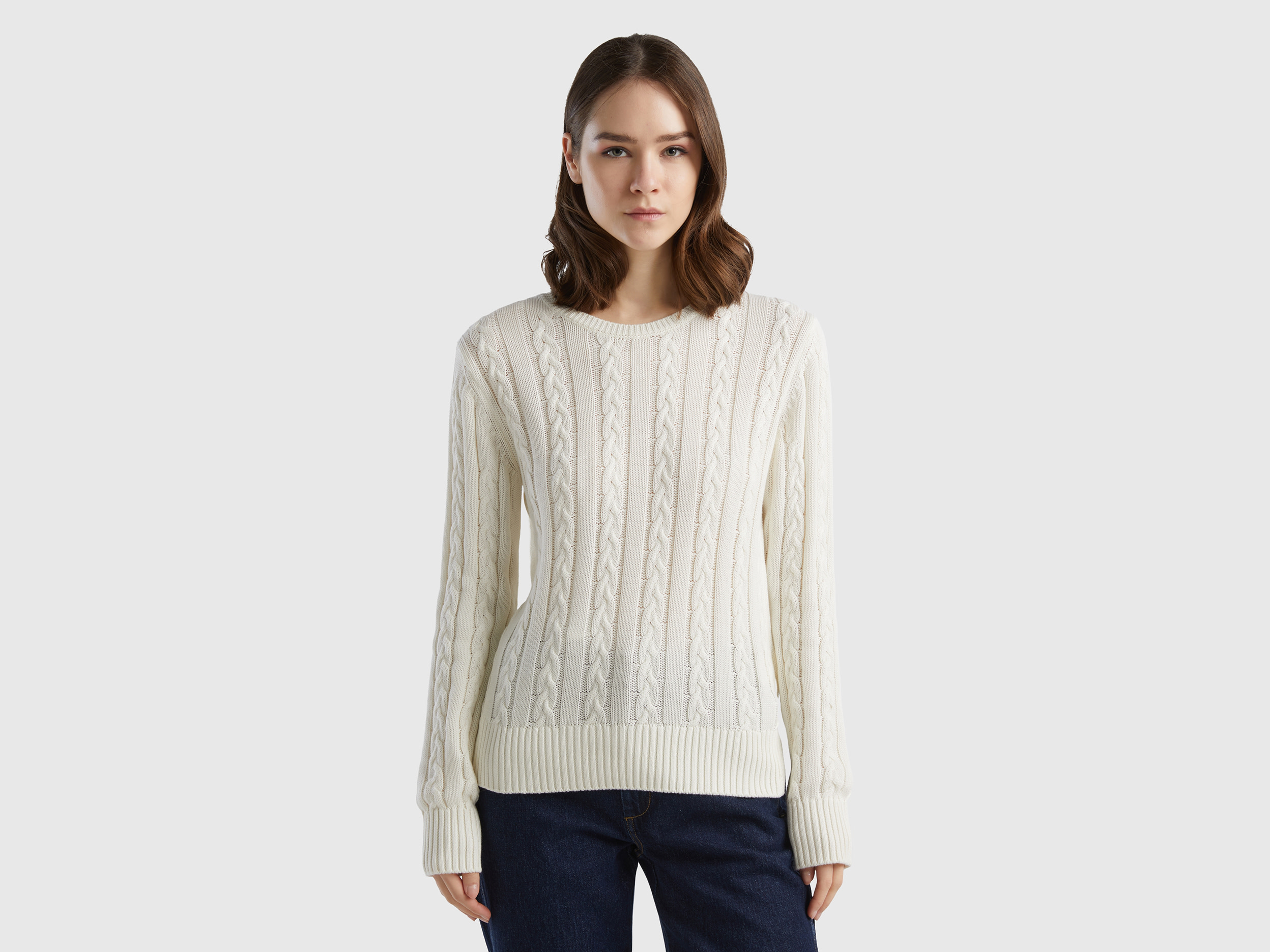 Benetton, Maglia A Trecce 100% Cotone, Bianco Panna, Donna