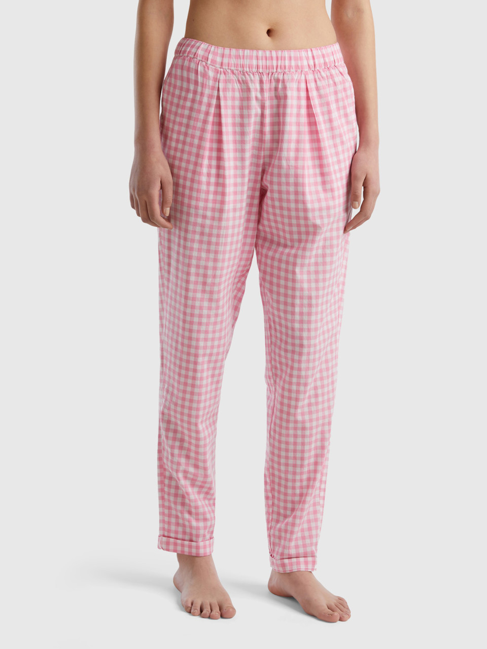 Benetton, Trousers With Vichy Check Pattern, Pink, Women
