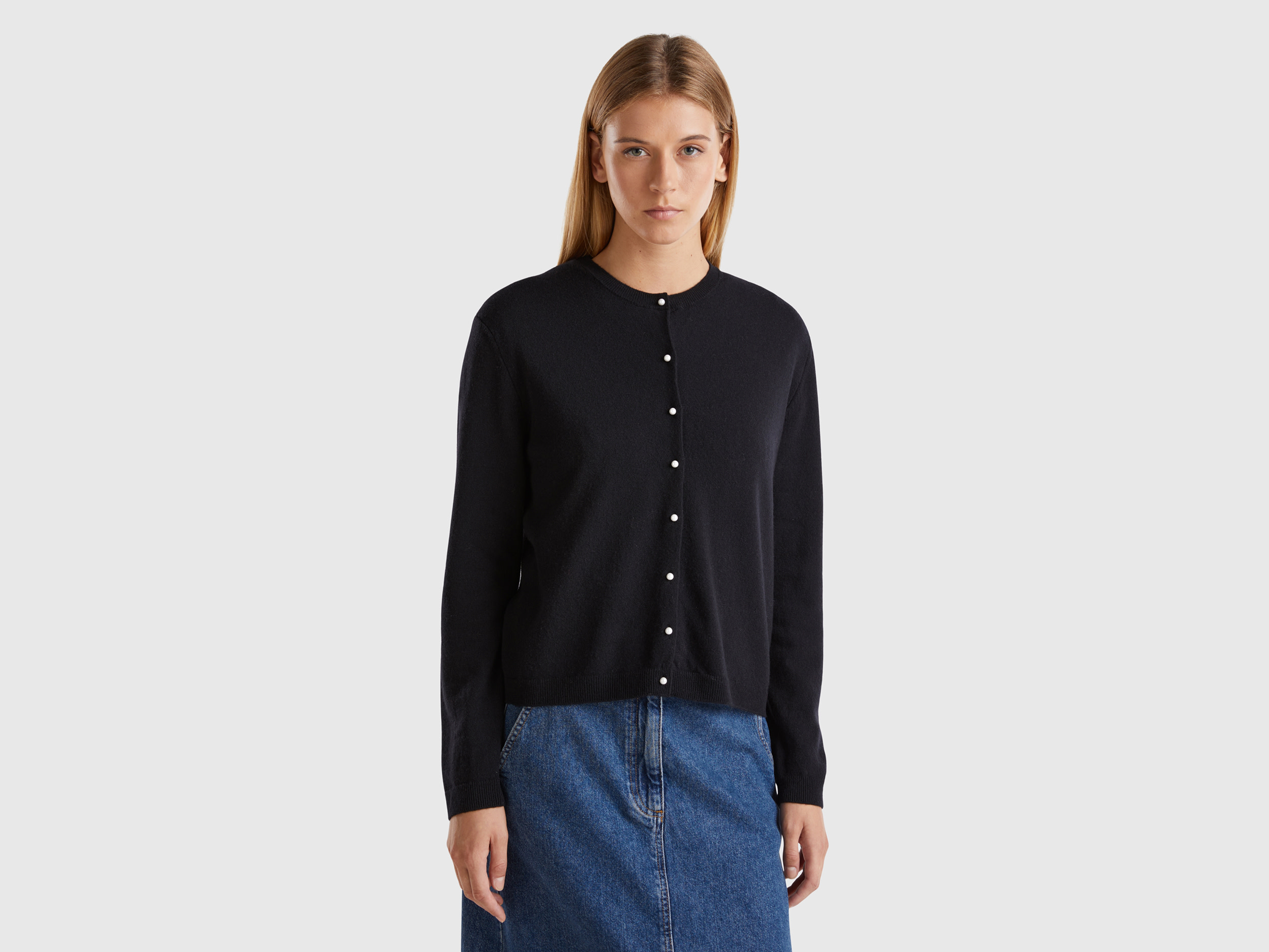 Benetton, Cardigan Nero In Pura Lana Merino, Nero, Donna