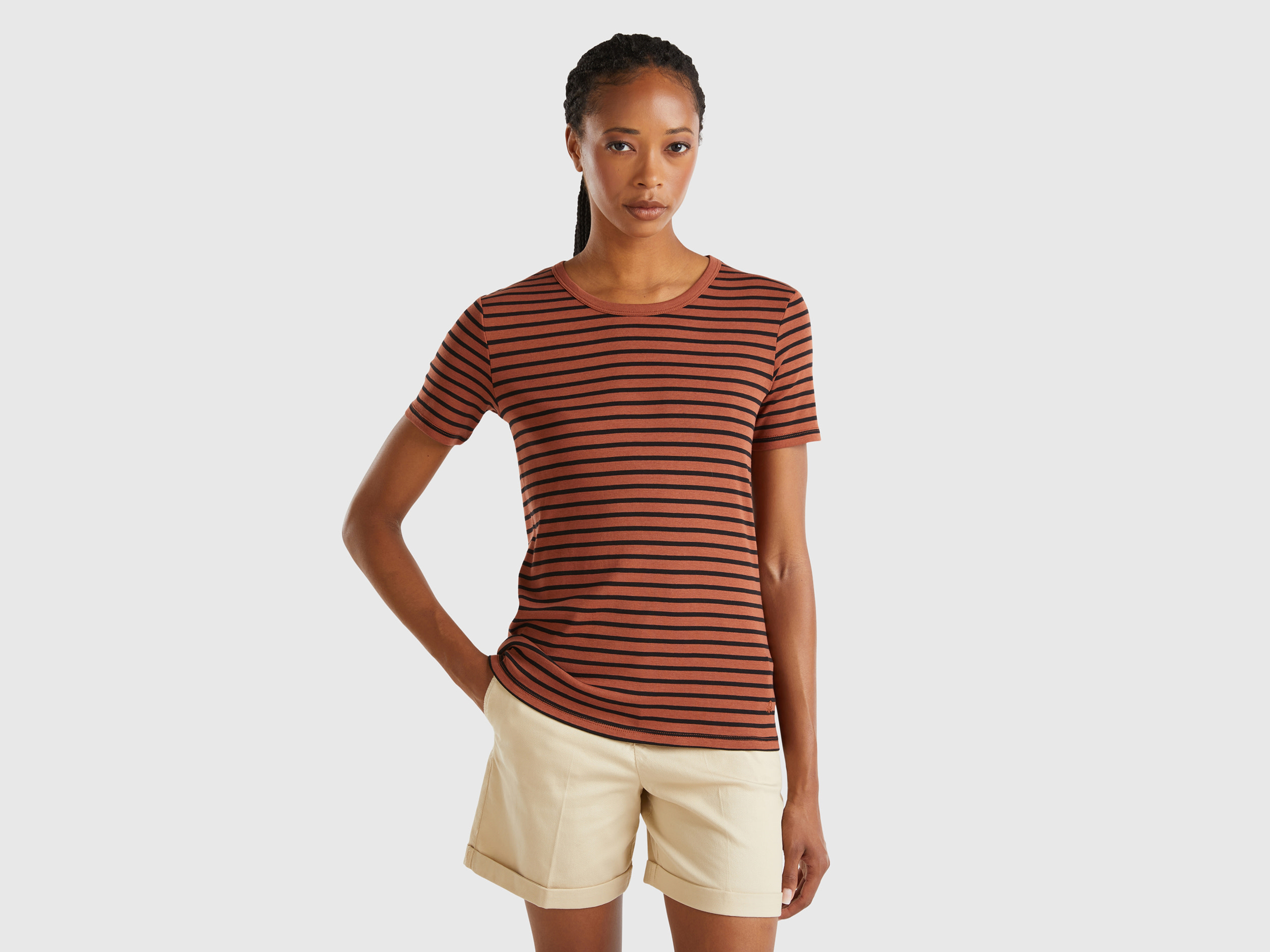 Benetton, T-shirt Girocollo A Righe, Marrone, Donna