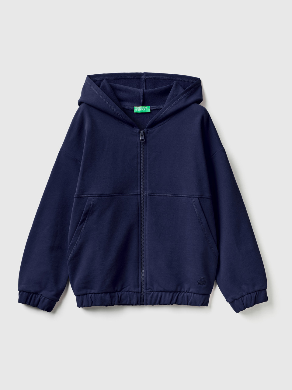 Benetton, Warm Sweatshirt With Zip And Embroidered Logo, Dark Blue, Kids