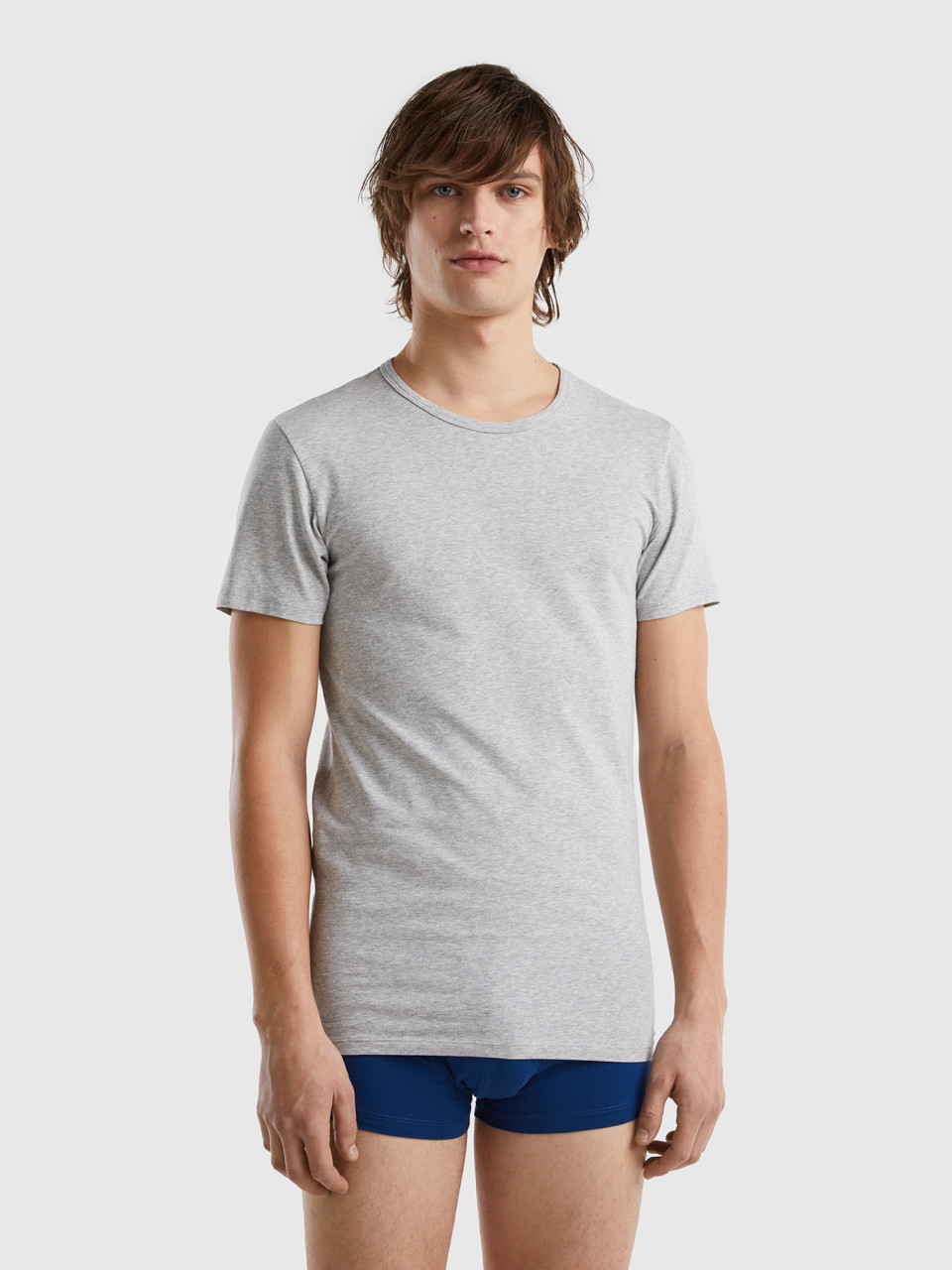 Benetton, T-shirt Em Algodão Orgânico Stretch, Cinza-claro, Homem