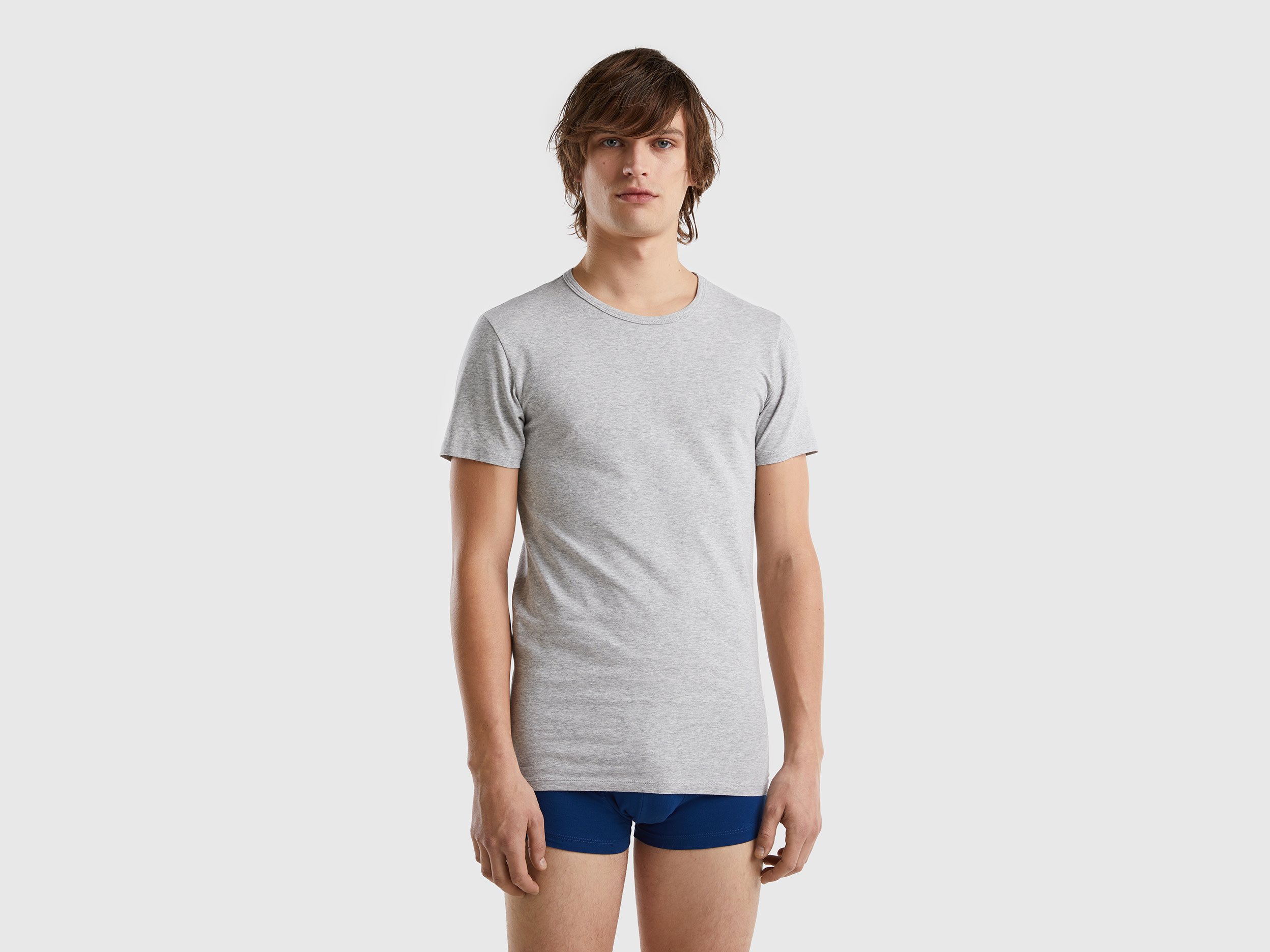 Image of Benetton, Organic Stretch Cotton T-shirt, size L, Light Gray, Men