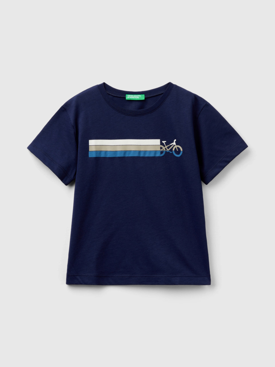 Benetton, T-shirt With Print In Organic Cotton, Dark Blue, Kids