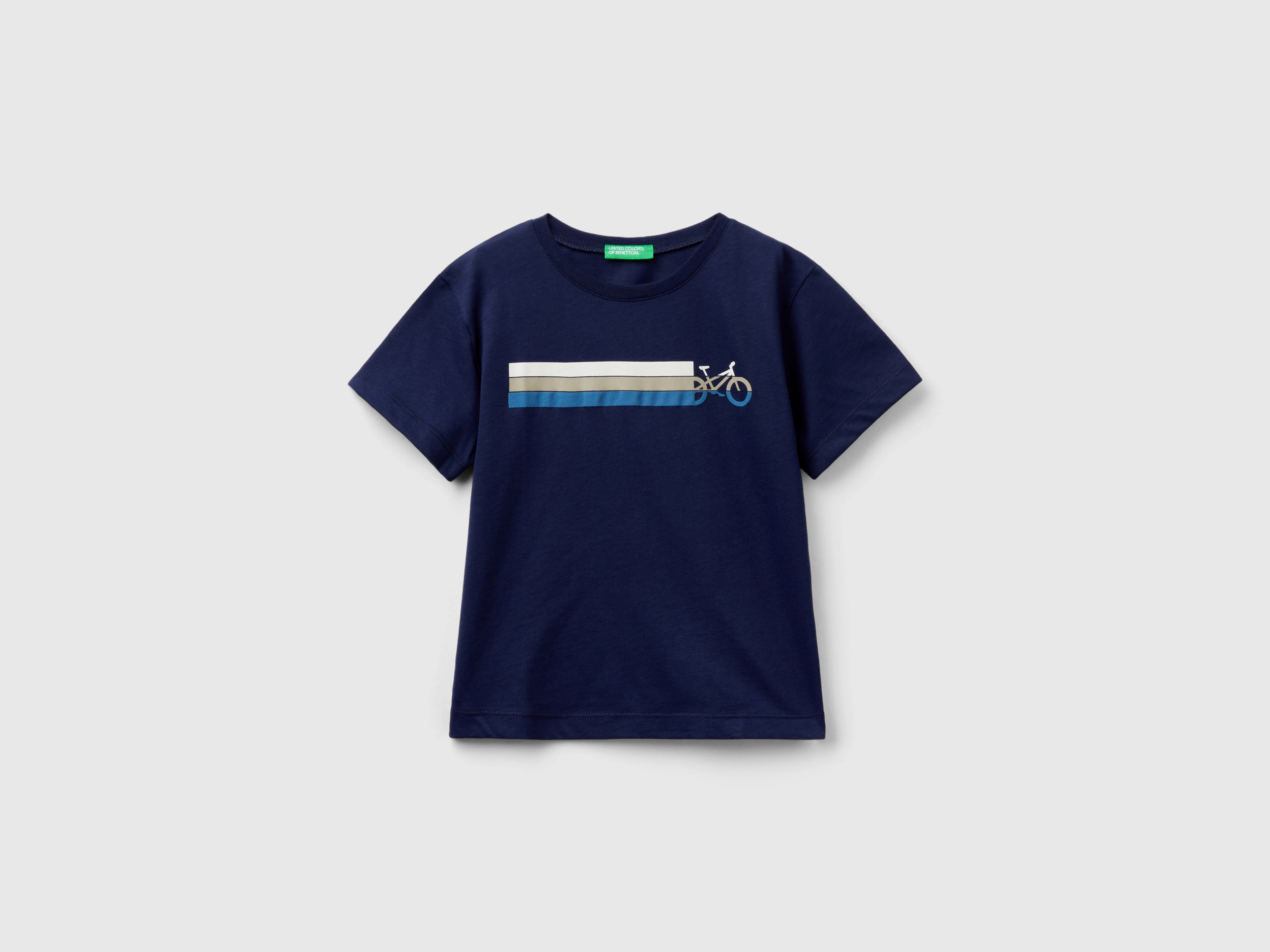Image of Benetton, T-shirt With Print In Organic Cotton, size 104, Dark Blue, Kids