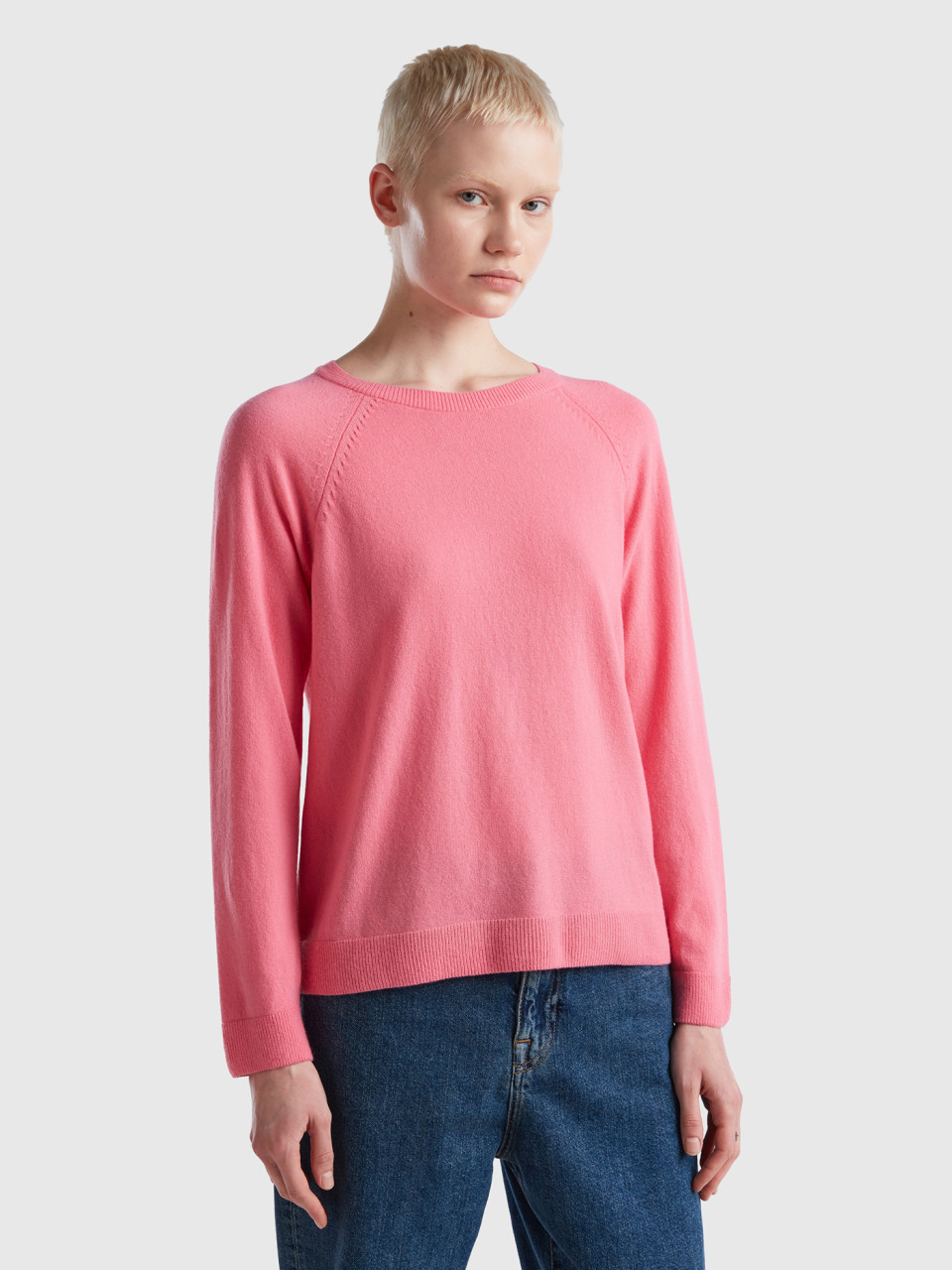 Benetton, Pullover Mit Rundausschnitt In Einer Mischung Aus Wolle Und Cashmere In Rosa, Pink, female