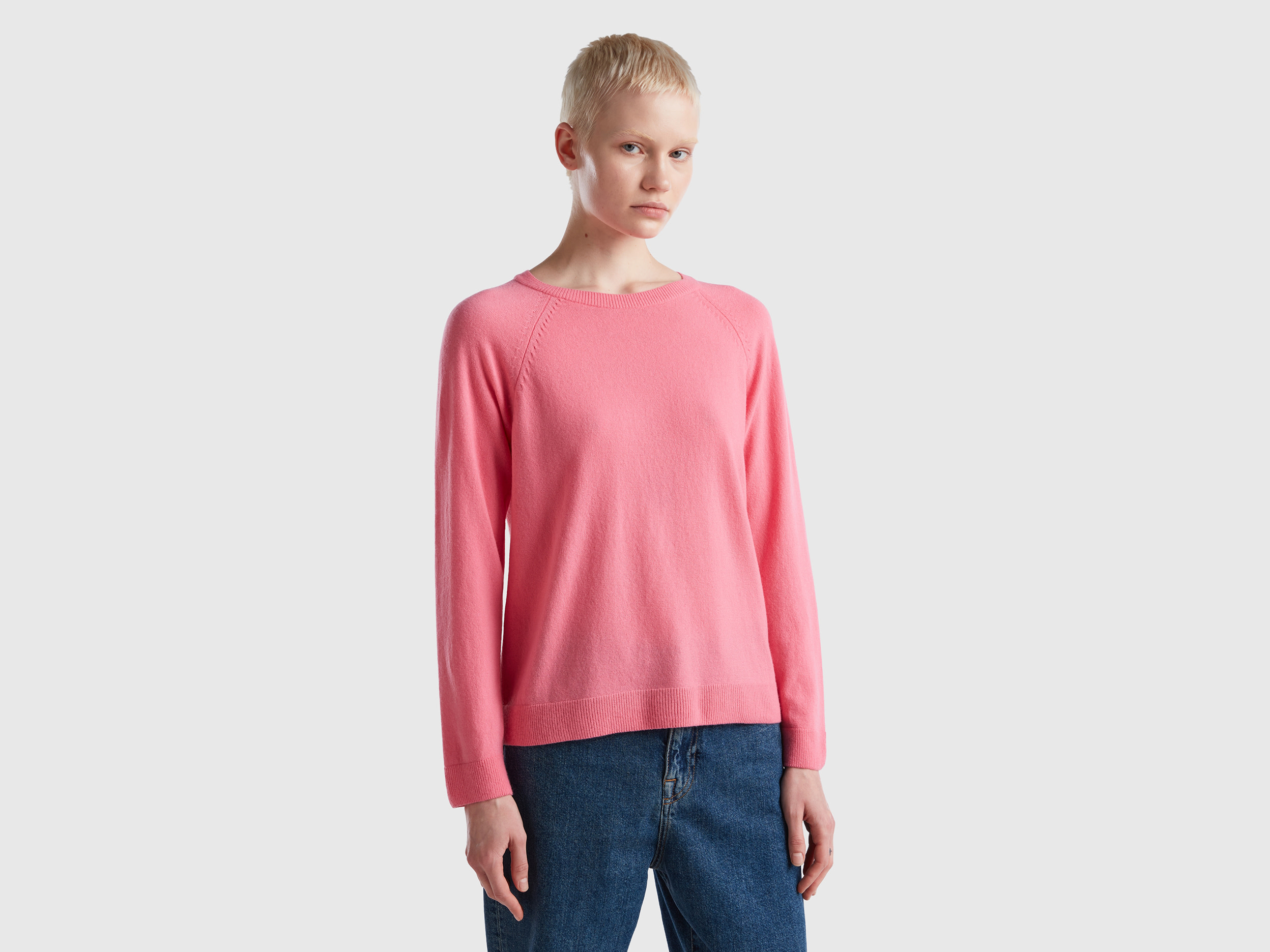 Benetton, Pink Crew Neck Sweater In Cashmere And Wool Blend, size XS, Pink, Women