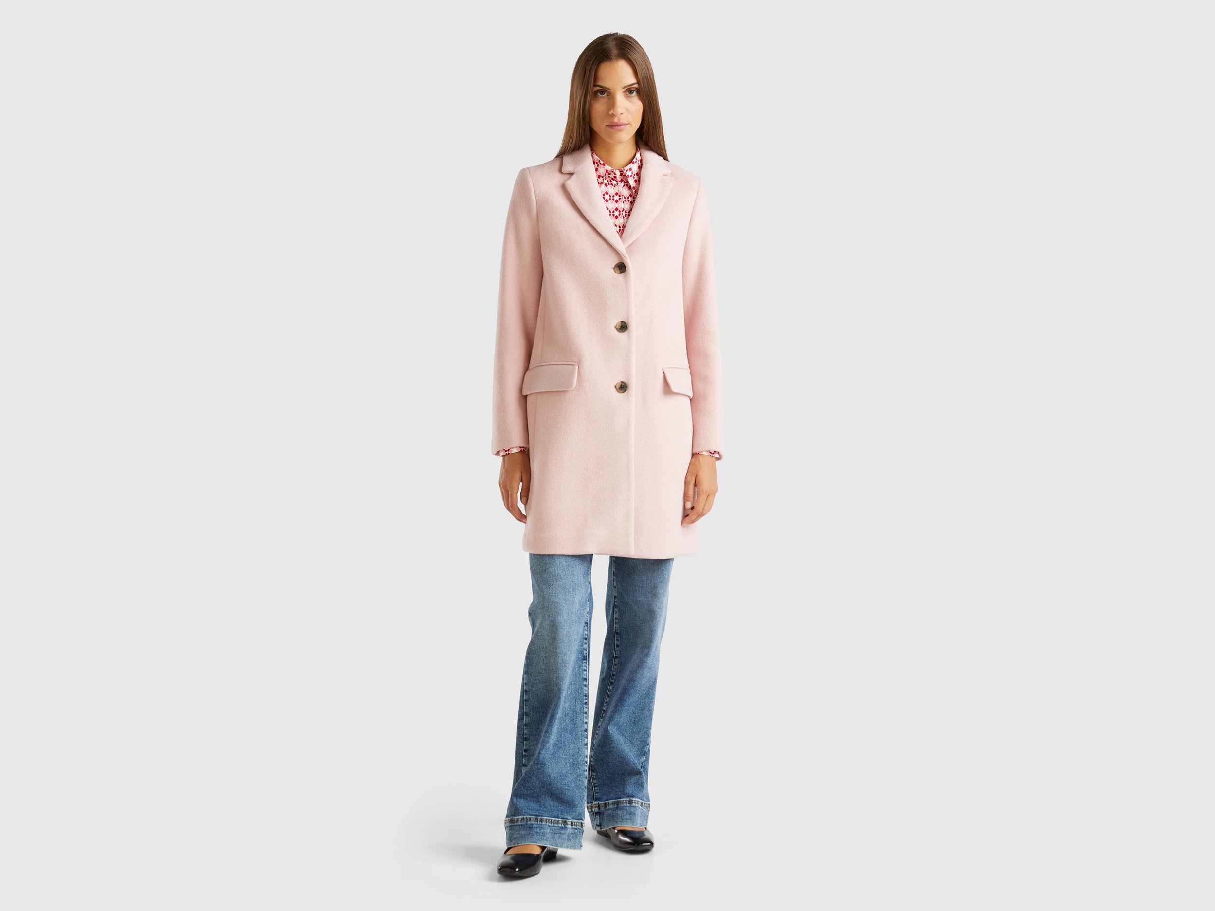 Short coat in wool blend cloth - Pink | Benetton