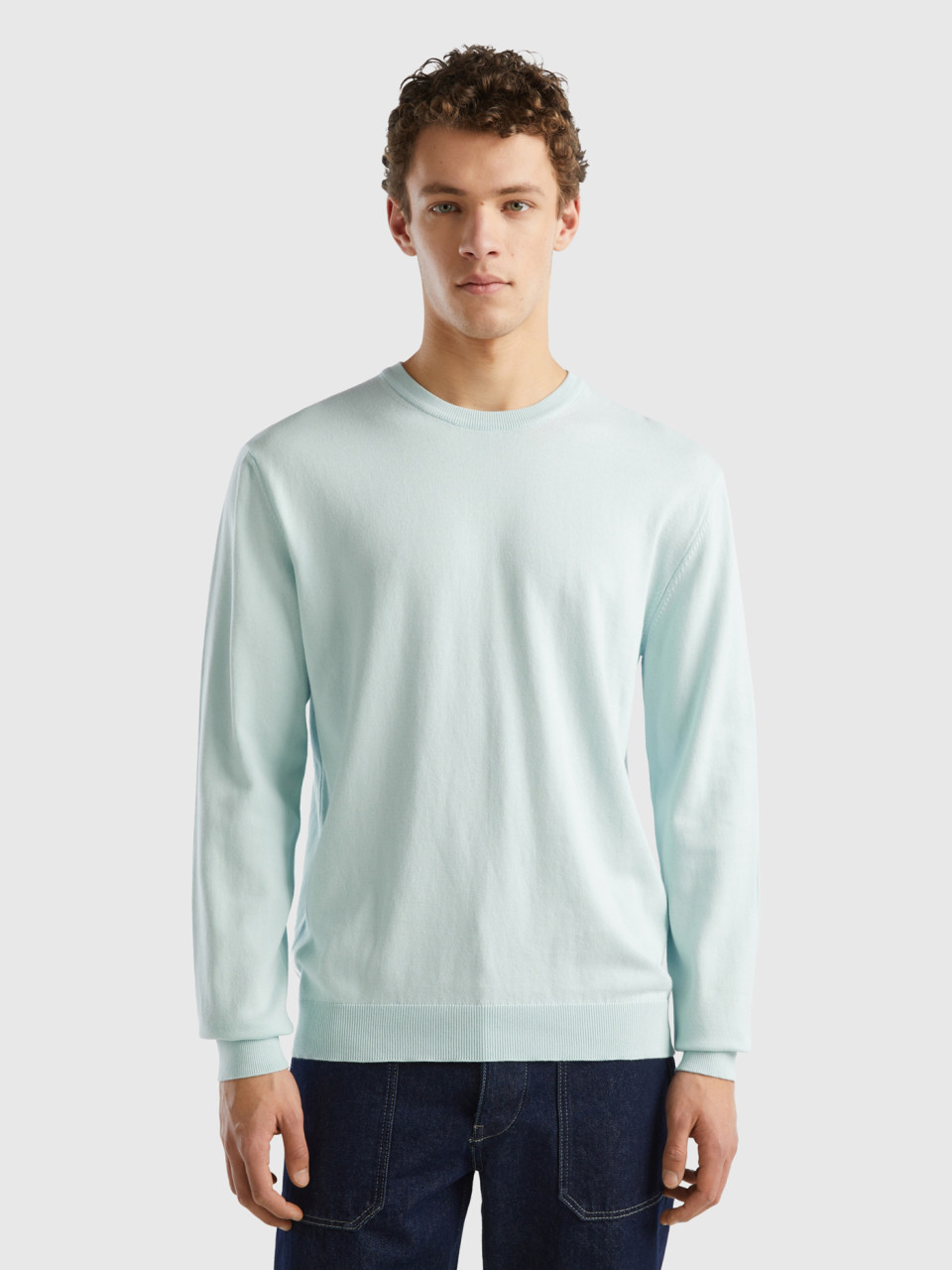Benetton, Crew Neck Sweater In 100% Cotton, Aqua, Men