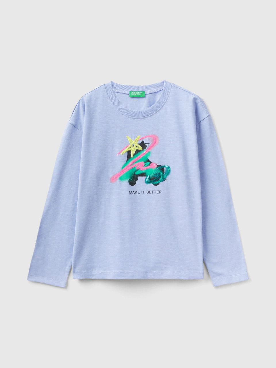 Benetton, T-shirt With Print And Sequins, Lilac, Kids