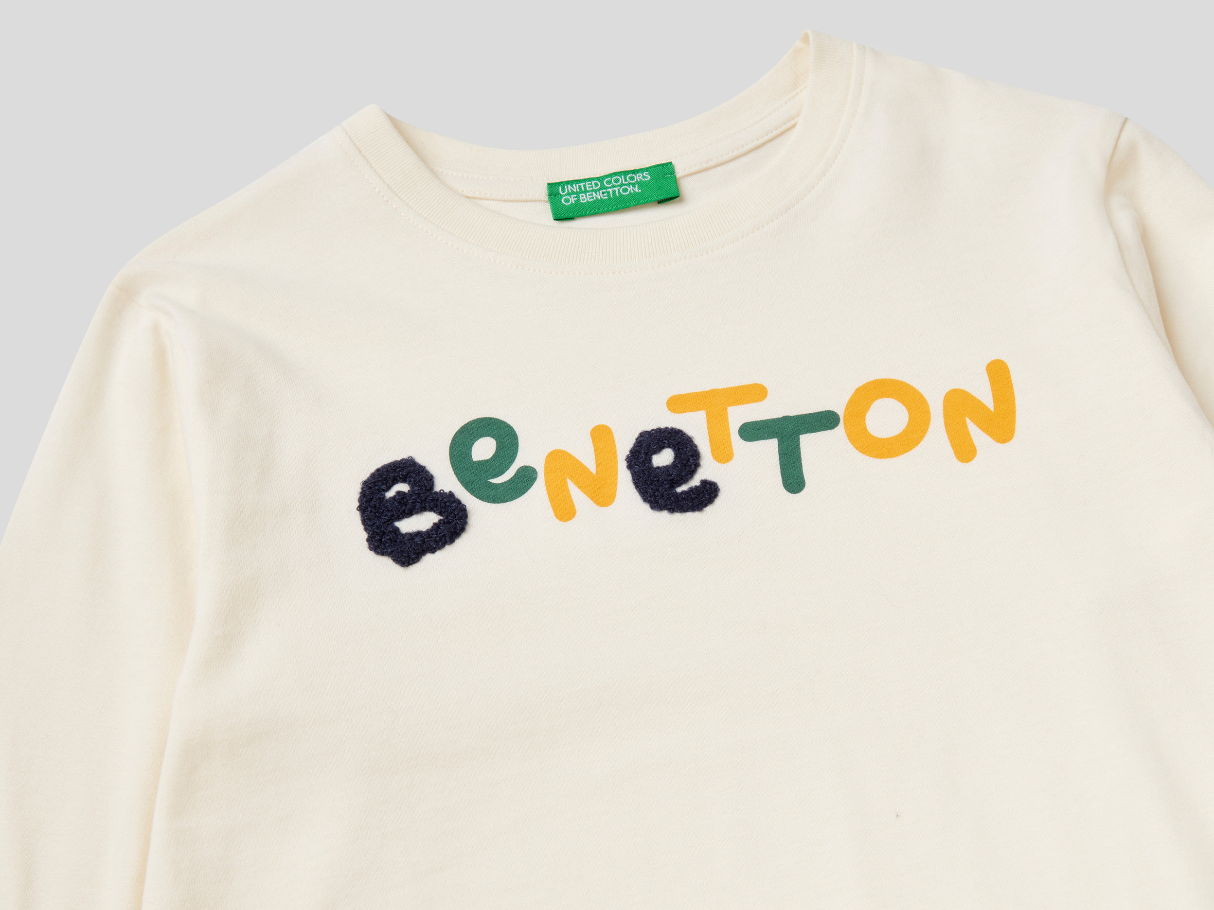 Benetton, Long Sleeve 100% Organic Cotton T-Shirt, Taglia 12-18, Creamy White, Kids