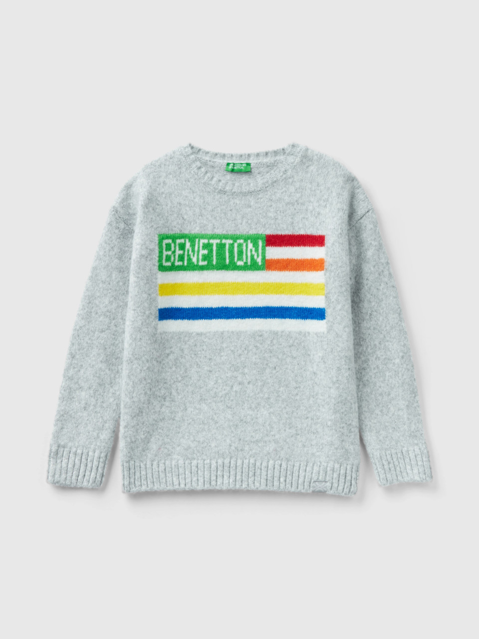 Benetton, Sweater With Flag Inlay, Light Gray, Kids