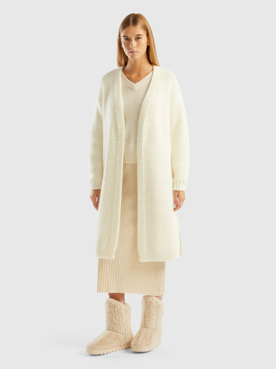 Benetton, Open Cardigan In Alpaca And Wool Blend, White, Women
