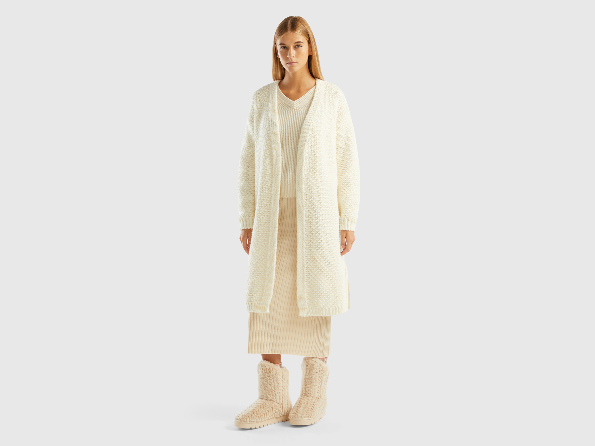 Benetton, Open Cardigan In Alpaca And Wool Blend, size L-XL, White, Women