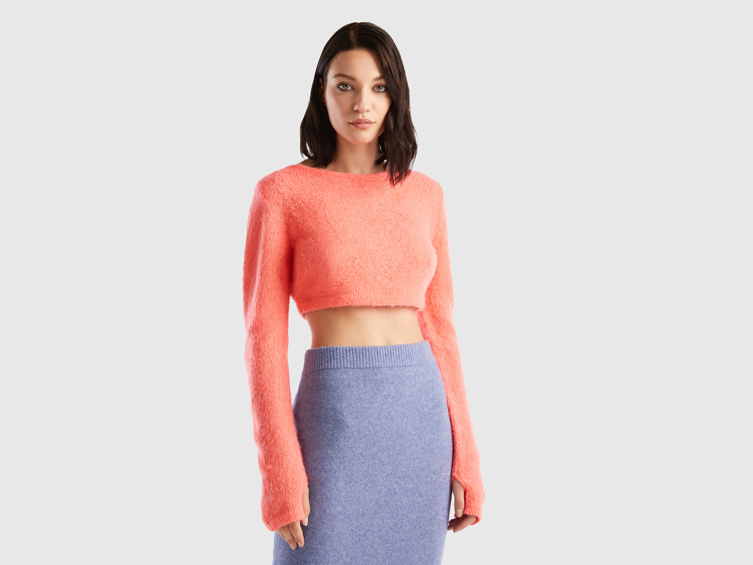 Benetton, Cropped Sweater In Mohair Blend, size M, Salmon, Women