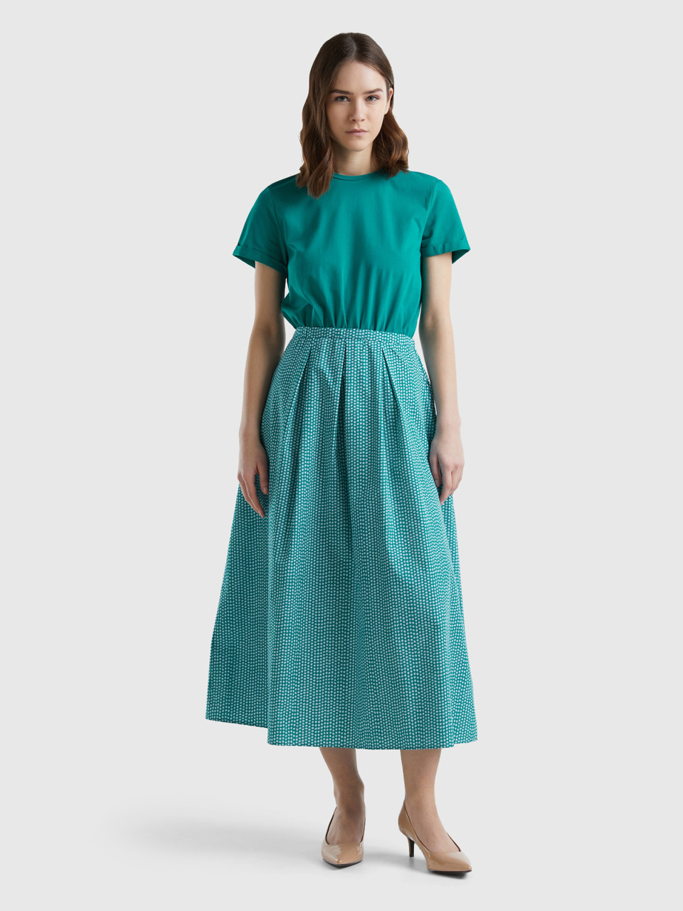 Benetton, Long Dress With Printed Skirt, Teal, Women