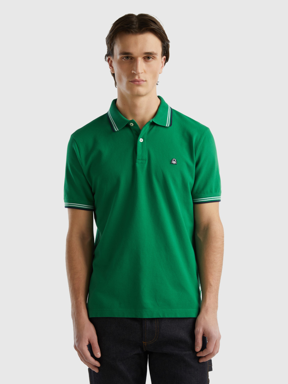 Benetton, Short Sleeve Stretch Cotton Polo, Dark Green, Men