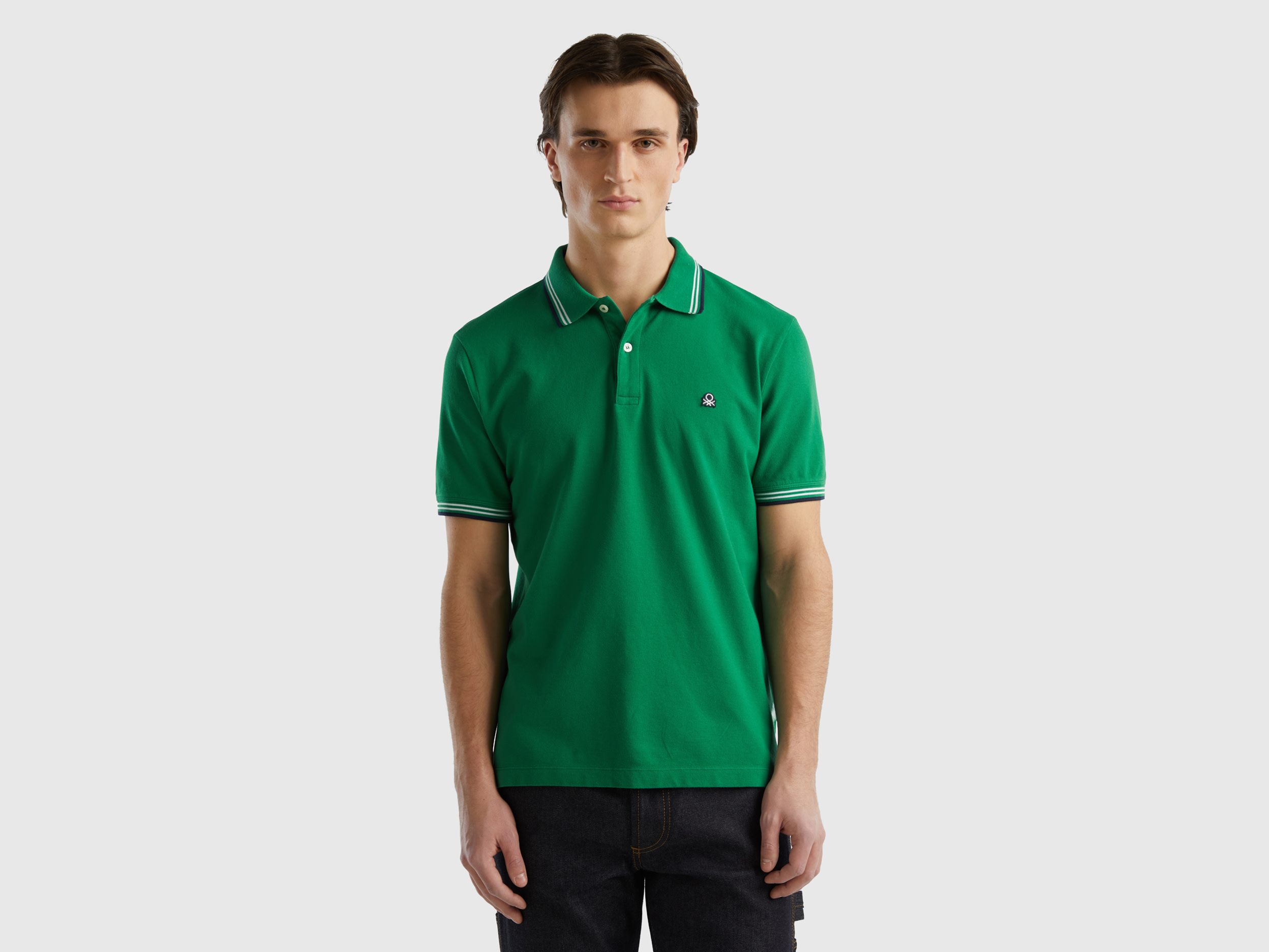 Benetton, Short Sleeve Stretch Cotton Polo, size XS, Dark Green, Men