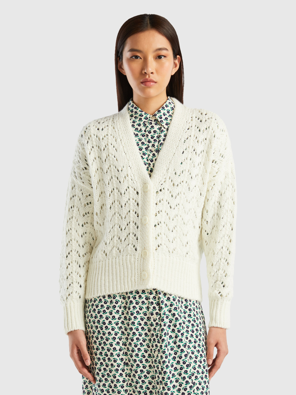 Benetton, Crochet Effect Cardigan, Creamy White, Women