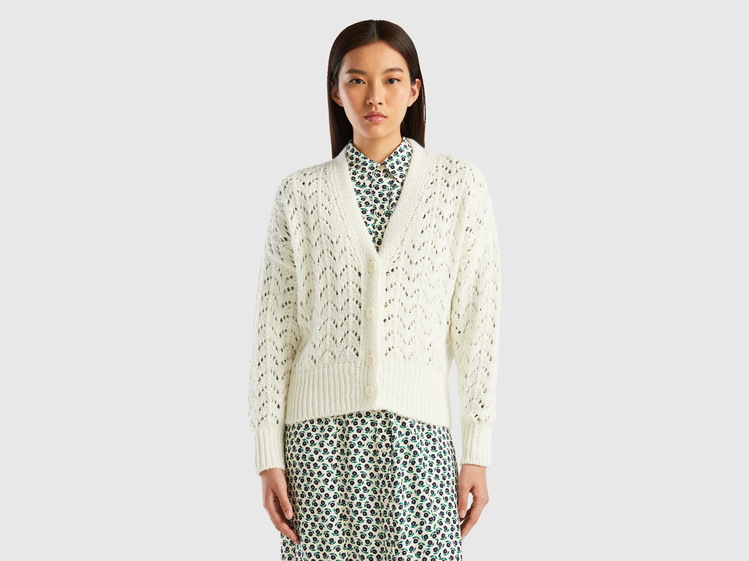 Benetton, Crochet Effect Cardigan, size M, Creamy White, Women