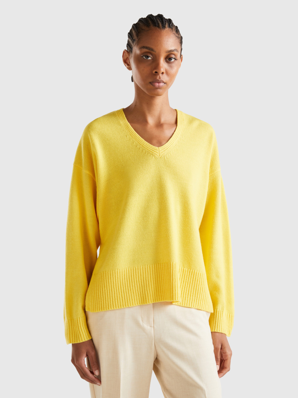 Benetton, Oversized Fit V-neck Sweater, Yellow, Women
