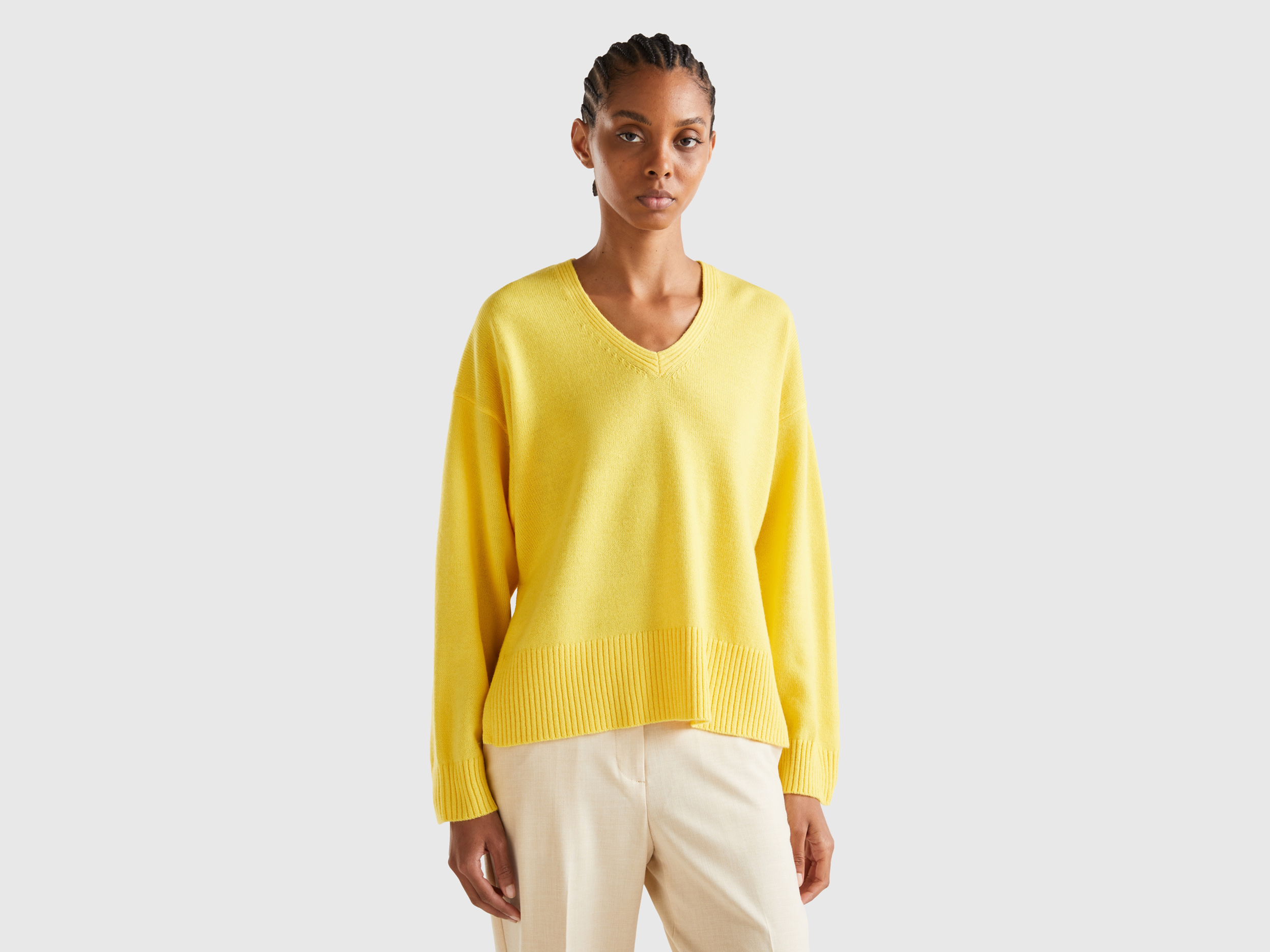 Benetton, Oversized Fit V-neck Sweater, size M-L, Yellow, Women