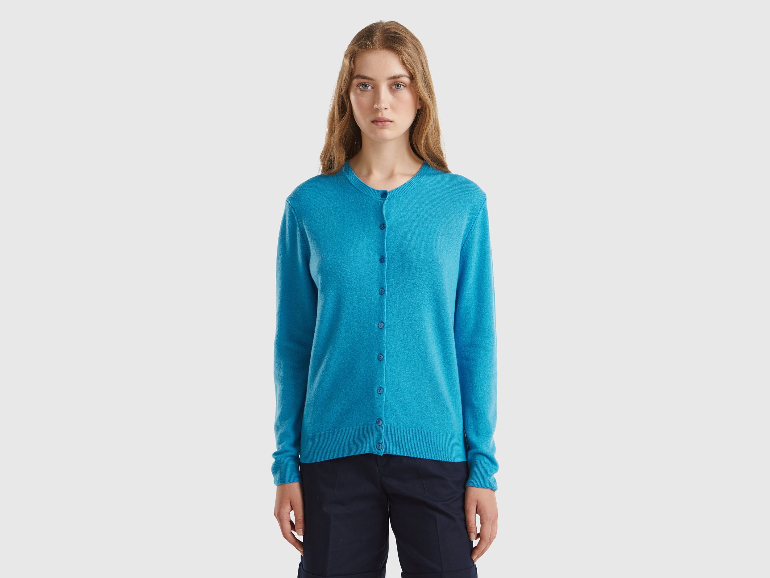 Benetton, Cardigan Girocollo Azzurro In Pura Lana Merino, Azzurro, Donna
