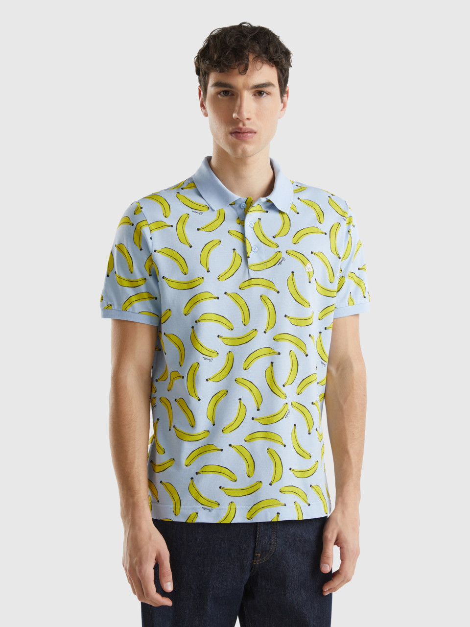 Benetton, Poloshirt Mit Bananen-pattern Aus Bio-baumwolle, Blassblau, male