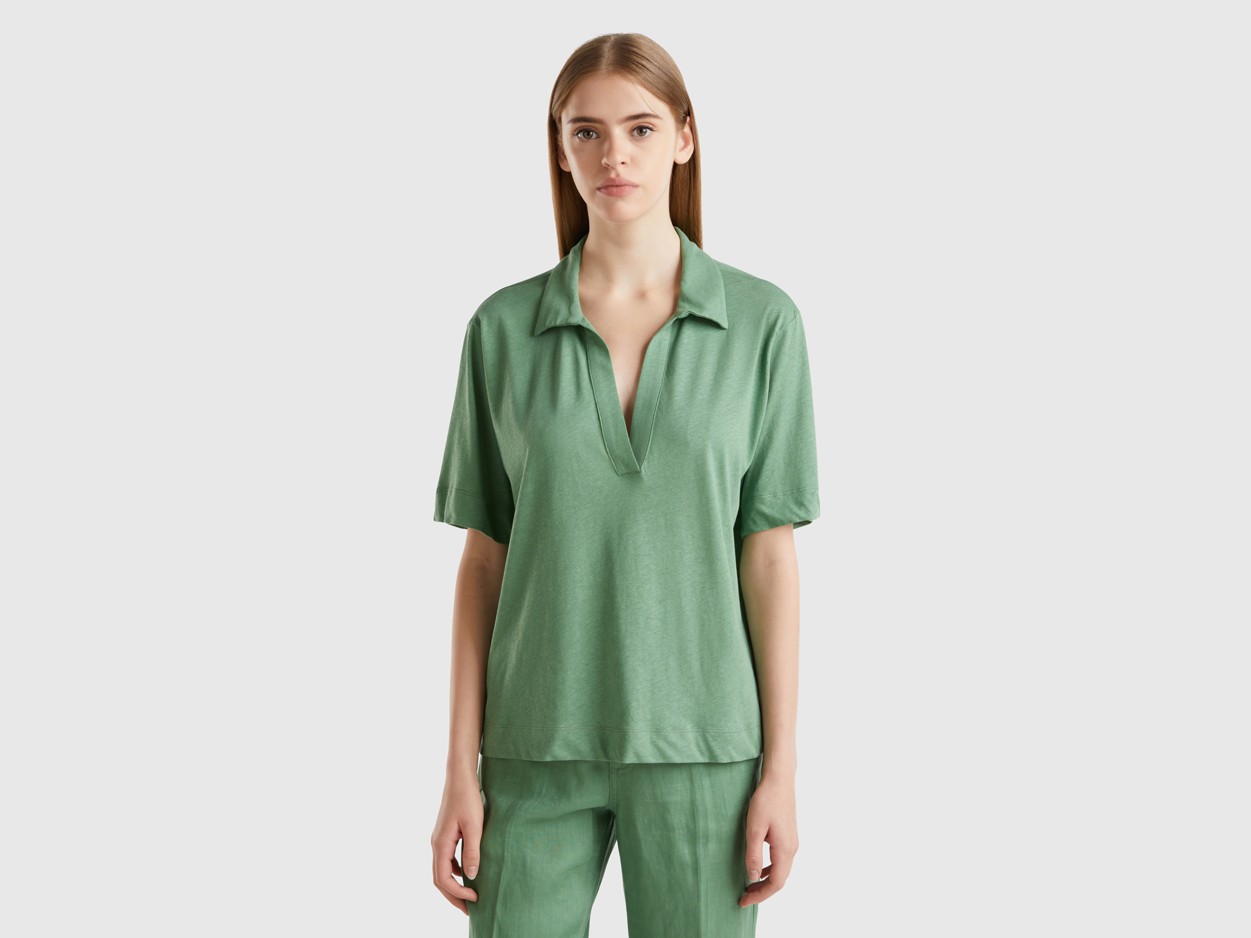 Benetton, Polo In Misto Cotone E Lino, Verde, Donna