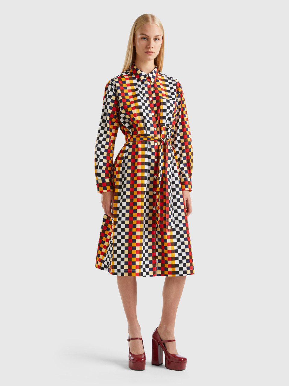 Benetton, Patterned Midi Shirt Dress, Multi-color, Women