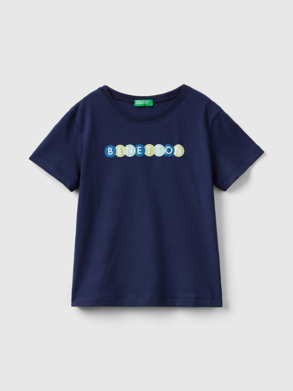 Benetton, T-shirt 100% Cotone Bio Con Stampa, Blu Scuro, Bambini